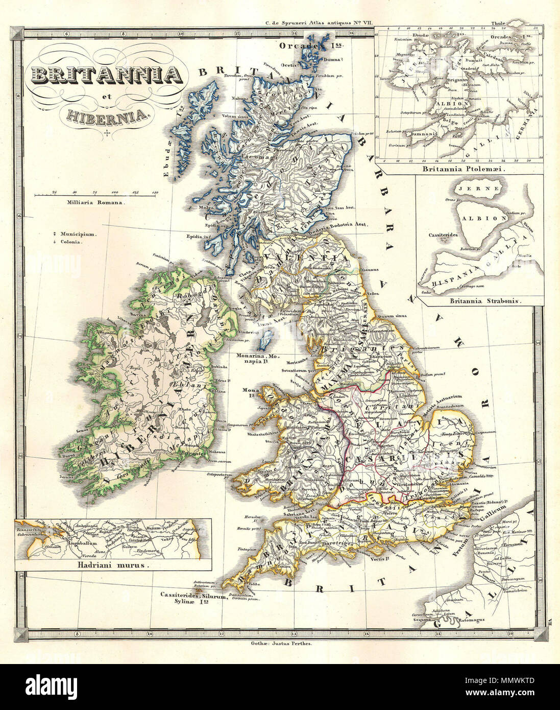 . Inglese: questo fine a mano mappa colorata è una piastra di acciaio di litografia raffigurante le Isole Britanniche in tempi antichi. Intitolato: "Britannia et Hibernia". Ci sono inserti di Vallo di Adriano e la Gran Bretagna così come è stata concepita da Tolomeo e Strabone. È stato pubblicato nel 1855 dal leggendario cartografo tedesco Justus Perthes. Emessi come parte del "Spruneri Atlas Antiquarie". Britannia et Hibernia.. 1855 (non datato). 1855 Spruneri Mappa delle Isole Britanniche, Britannia ^ Hibernia, nei tempi antichi - Geographicus - Britania-spruneri-1855 Foto Stock