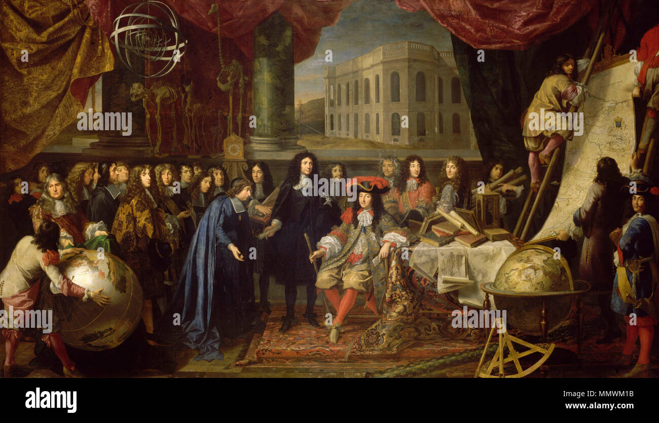 . Inglese: Colbert presentando i membri della Reale Accademia delle Scienze di Luigi XIV nel 1667 Français : Colbert présente à Louis XIV les membres de l'Académie Royale des Sciences créée en 1667 Colbert presentando i membri della Reale Accademia delle Scienze di Luigi XIV nel 1667 Foto Stock