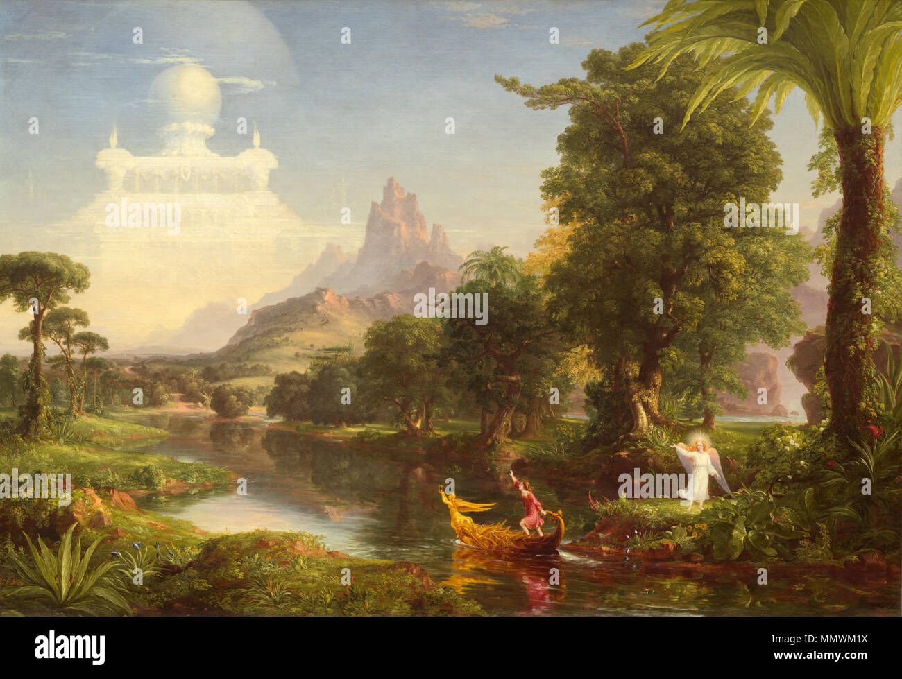 Pittura; olio su tela; complessivo: 134.3 x 194.9 cm (52 7/8 x 76 3/4 in.) incorniciato: 162,6 x 224,5 x 17,7 cm (64 x 88 3/8 x 6 15/16 in.); Thomas Cole - Il viaggio della vita della Gioventù, 1842 (Galleria Nazionale di Arte) Foto Stock