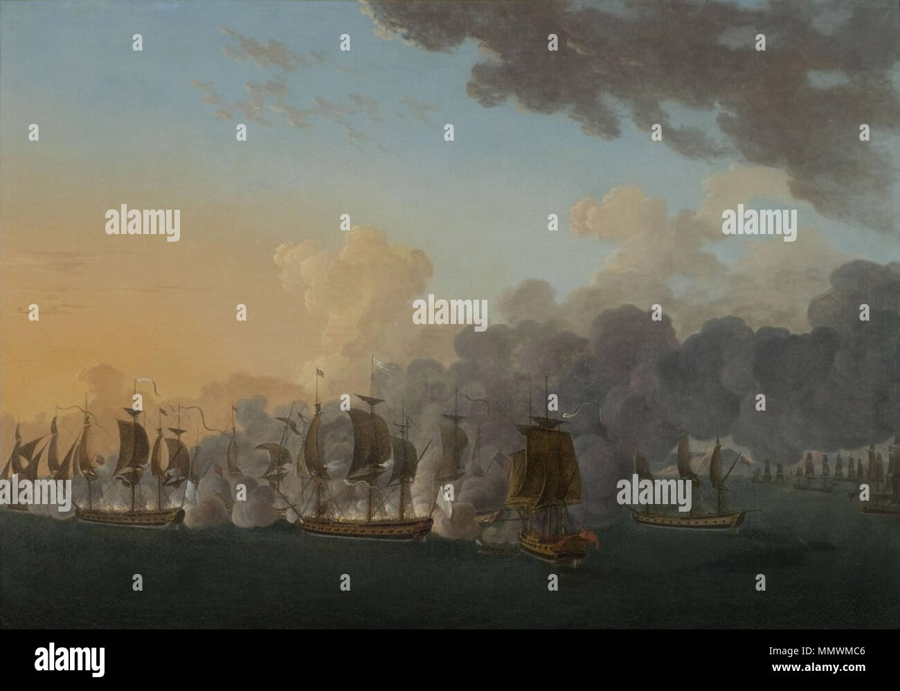 . Français : combattere naval à la hauteur de Louisbourg, le 21 juillet 1781. Le 21 juillet 1781, les frégates françaises de 32 canonici l'Astrée et l'Hermione, commandées respectivement par Lapérouse et Latouche-Tréville, rencontrent cinq bâtiments anglais, au grande des Côtes d'Amérique du Nord. Après quelques heures de combat, le Jack HMS un figlio descendu pavillon et le HMS Charlestown démâté est de son grand mât de hune. Profitant de l'obscurité à la nuit tombante ce dernier s'éclipse, laissant sur place les deux frégates françaises. Guerre d'Indépendance américaine. Peinture à l'huile. H. 116 cm, Foto Stock