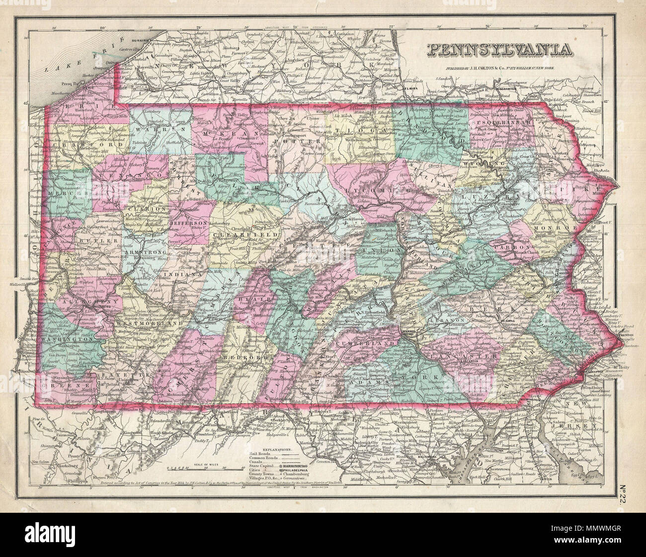 . Inglese: un bel 1857 Esempio di Colton la mappa di Pennsylvania. Copre tutto lo stato come pure le parti adiacenti di New York, Maryland e New Jersey. Come la maggior parte di Colton è stato mappe, questa mappa è in gran parte derivata da una parete precedente mappa del Nord America prodotta da Colton e D. Griffing Johnson. Colton identifica varie città, fortezze, fiumi, Rapids, guadi, e un assortimento di ulteriori dettagli topografici. Mappa è mano colorati in rosa, verde, giallo e blu pastello per definire county e confini dello stato. Dalla rara edizione senza confini di Colton del Atlante. Datata e copyr Foto Stock