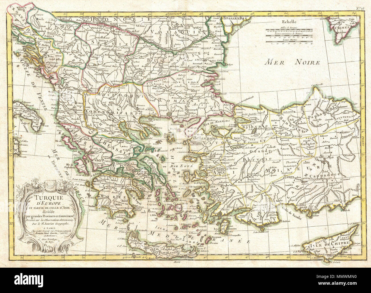 . Inglese: un bellissimo esempio di Janvier's 1771 mappa decorativi della Turchia in Europa. Coperchi dalla Croazia e il boot dell'Italia verso est per quanto riguarda la Crimea, il Mar Nero, Cappadocia, e Cipro. Si estende a sud fino a Creta e a nord del confine ungherese. Include il giorno moderno paesi della Grecia, Turchia, Cipro, Macedonia, Romania, Bulgaria, Albania, Serbia e Bosnia. Le isole greche sono particolarmente ben rappresentati. Un titolo decorativo cartiglio compare nella parte inferiore sinistra del quadrante. Disegnata da J. Janvier c. 1771 per problema come piastra n. 23 in Jean Lattre's 1776 problema della Atlas moderne . Foto Stock