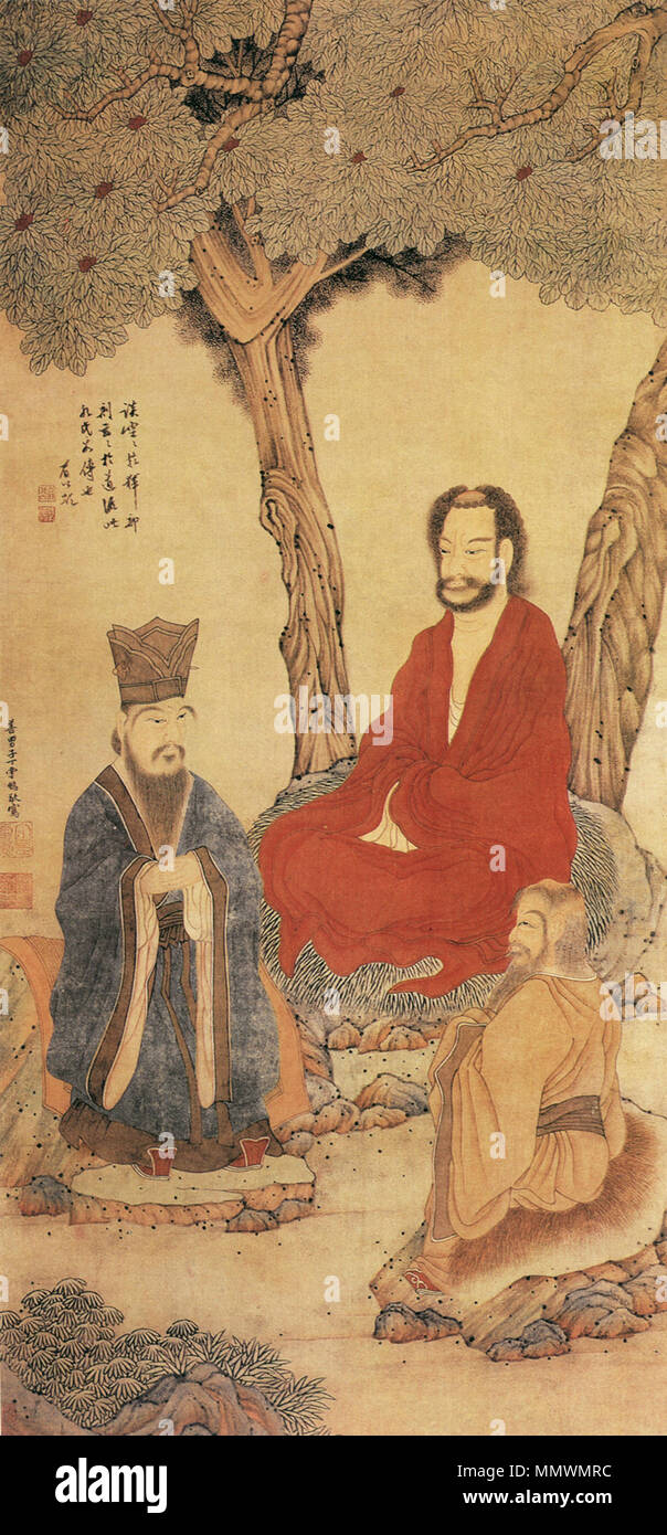 . Inglese: Confucio Lao-tzu e buddista Arhat (三教) appesi scorrere, inchiostro e colore su carta. Dimensioni 115,7 x 55,8 cm (altezza x larghezza). La pittura è situato nel Palazzo Museo, Pechino. (Vedere Barnhart, R. M. et al. (1997). Tre mila anni di pittura cinese. New Haven Yale University Press. ISBN 0-300-07013-6. Pagina 237) 中文: 三教图 立轴纸本墨笔 纵115.7厘米 横55.8厘米. 现藏北京故宫博物院 . ?? (La Dinastia Ming). ??? (Ding Yunpeng) Confucio Lao-tzu e buddista Arhat da Ding Yunpeng Foto Stock