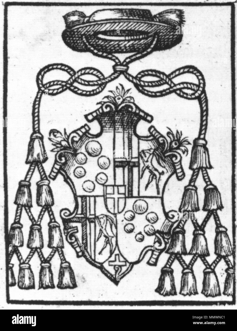 . Titelblatt der Constitutiones et decreta synodalia der Synodes des Bistums Konstanz 1567, dettaglio: Wappen des Bischofs Markus Sittikus von Hohenems . 1567. Anonimo Constitutiones et decreta synodalia Konstanz 1567 Wappen Markus Sittikus Foto Stock