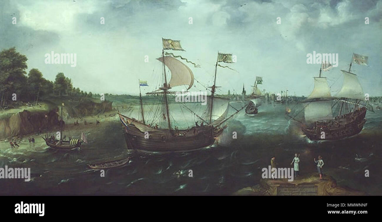 Una nave mercantile olandese aggredita da un corsaro inglese, off La Rochelle.. 1616. Cornelis Claesz van Wieringen - una nave mercantile olandese aggredita da un corsaro inglese, off La Rochelle Foto Stock