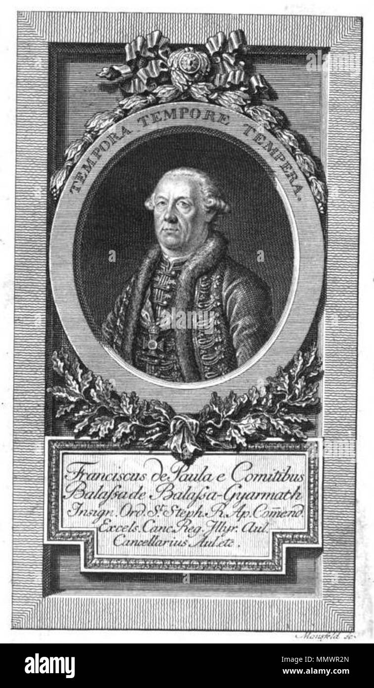 . Inglese: incisione del conte Francesco Balassa in tedesco-serbo dizionario pubblicato a Vienna nel 1791 Српски / Srpski: Гроф Балаша, бакрорез у Аврамовићевом речнику . 1791. Johann Ernst Mansfeld nomi alternativi J. E. Mansfeld, Johann Ernst Mannsfeld, Jan Arnost Mansfeld Descrizione calcografia ceca incisore, Data di nascita e morte 17 Luglio 1738 / 1739 22 Febbraio 1796 / 1796 Luogo di nascita e morte di Vienna Praga posizione di lavoro autorità di Vienna : controllo Q20658591 VIAF:?2739543 ISNI:?0000 0001 0863 5973 ULAN:?500102599 LCCN:?no2005064472 GND:?12207288X WorldCat Conte Francesco B Foto Stock . Inglese: incisione del conte Francesco Balassa in tedesco-serbo dizionario pubblicato a Vienna nel 1791 Српски / Srpski: Гроф Балаша, бакрорез у Аврамовићевом речнику . 1791. Johann Ernst Mansfeld nomi alternativi J. E. Mansfeld, Johann Ernst Mannsfeld, Jan Arnost Mansfeld Descrizione calcografia ceca incisore, Data di nascita e morte 17 Luglio 1738 / 1739 22 Febbraio 1796 / 1796 Luogo di nascita e morte di Vienna Praga posizione di lavoro autorità di Vienna : controllo Q20658591 VIAF:?2739543 ISNI:?0000 0001 0863 5973 ULAN:?500102599 LCCN:?no2005064472 GND:?12207288X WorldCat Conte Francesco B Foto Stock