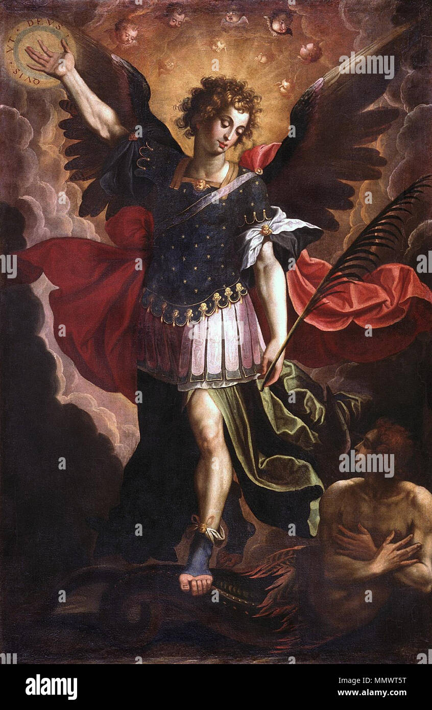 . Español: La obra rappresentanouna al Arcángel San Miguel derrotando a Satanás, y es una copia de Grabado onu por Hieronymus WIERIX a partir de Martín de Vos, procedente del Monasterio de San Jerónimo de Valparaiso. St Michael trionfo su il drago. Ca. 1630-1635. Cristobal vela Foto Stock