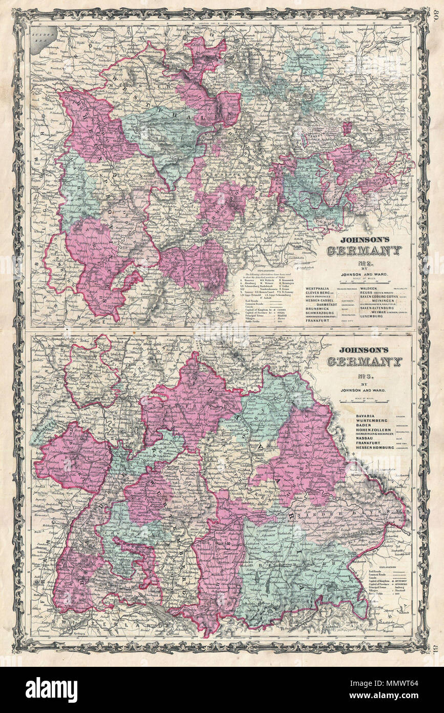 . Inglese: questo è A. J. Johnson e Ward's 1862 mappa della Germania occidentale. Diviso in due mappe distinte. La parte superiore la mappa mostra gli stati di Westfalia, Clevesberg (Rhein province), Assia Cassel Darmstadt, Brunswick, Schwarzburg, Francoforte, Waldeck, Reuss, Saxn Coburgo Gotha Meiningen, Saxn Altenburg, Weimar e Lussemburgo. La mappa inferiore si concentra sulla Baviera, Wurtenburg, Baden, Francoforte e Assia Homburg. Raffigurante il gran premio e la regione della Confederazione tedesca è sempre stata una sfida per Johnson. Questo è uno di Johnson ai primi tentativi, dividendo la regione in quattro distinte Foto Stock