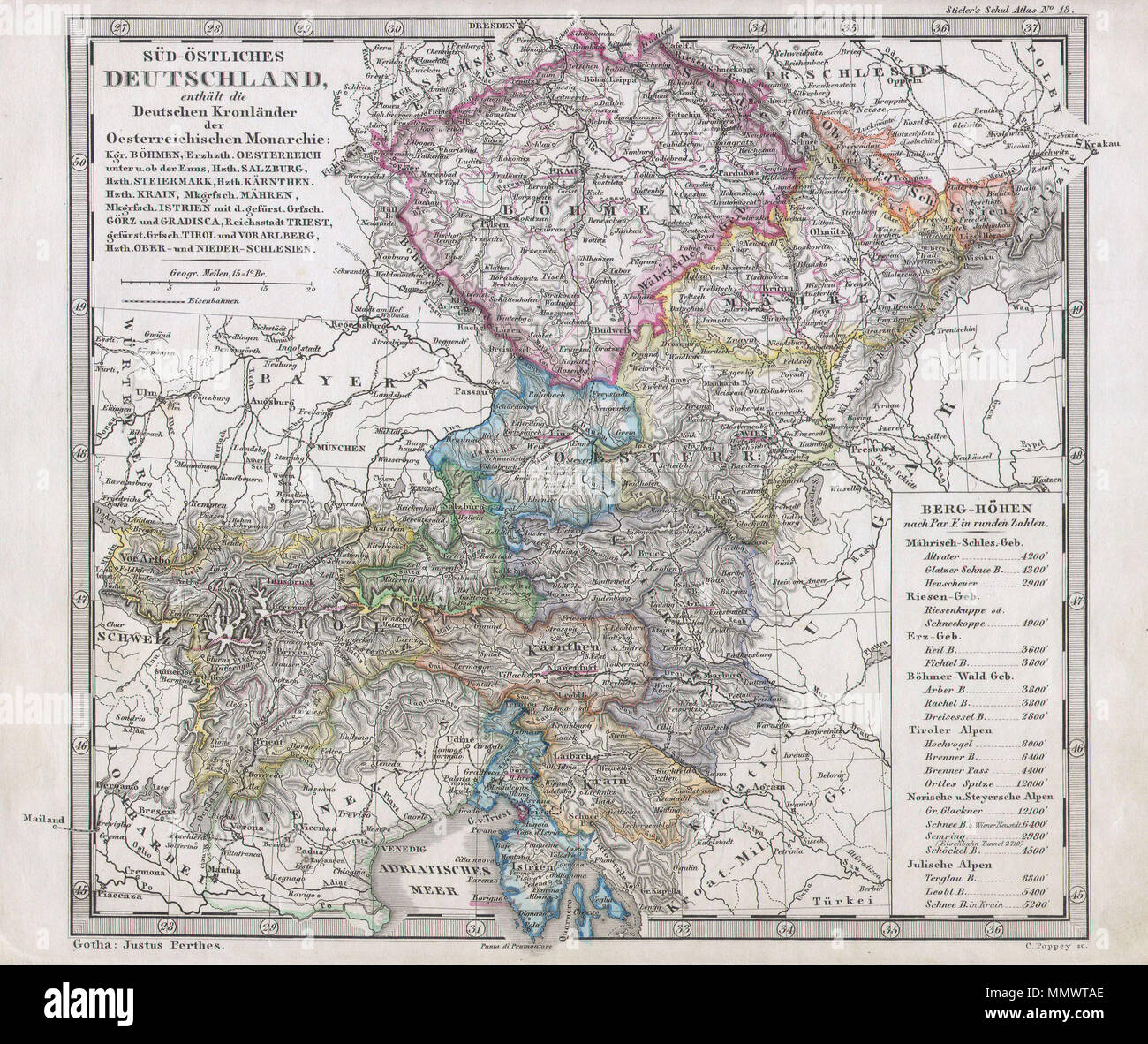 . Inglese: Questo affascinante 1862 mappa da Justus Perthes e Stieler raffigura Boemia (giorno moderno nella Repubblica Ceca e in Austria. A differenza di altri editori cartografica del periodo il Justus Perthes ferma e non ha la transizione verso la stampa litografica tecniche fino a quando i primi 1870s. Invece tutti i suoi mappe sono la piastra di rame di incisioni e quindi di offrire un livello di carattere e profondità di dettaglio che era impossibile trovare nella litografia di cera o di processo di incisione. Tutto il testo in tedesco. Rilasciato nel 1862 edizione di Stieler Schul-Atlas del. Sud-ostliches Deutschland.. 1862. 1862 Perthes Mappa di Boemia e di un Foto Stock