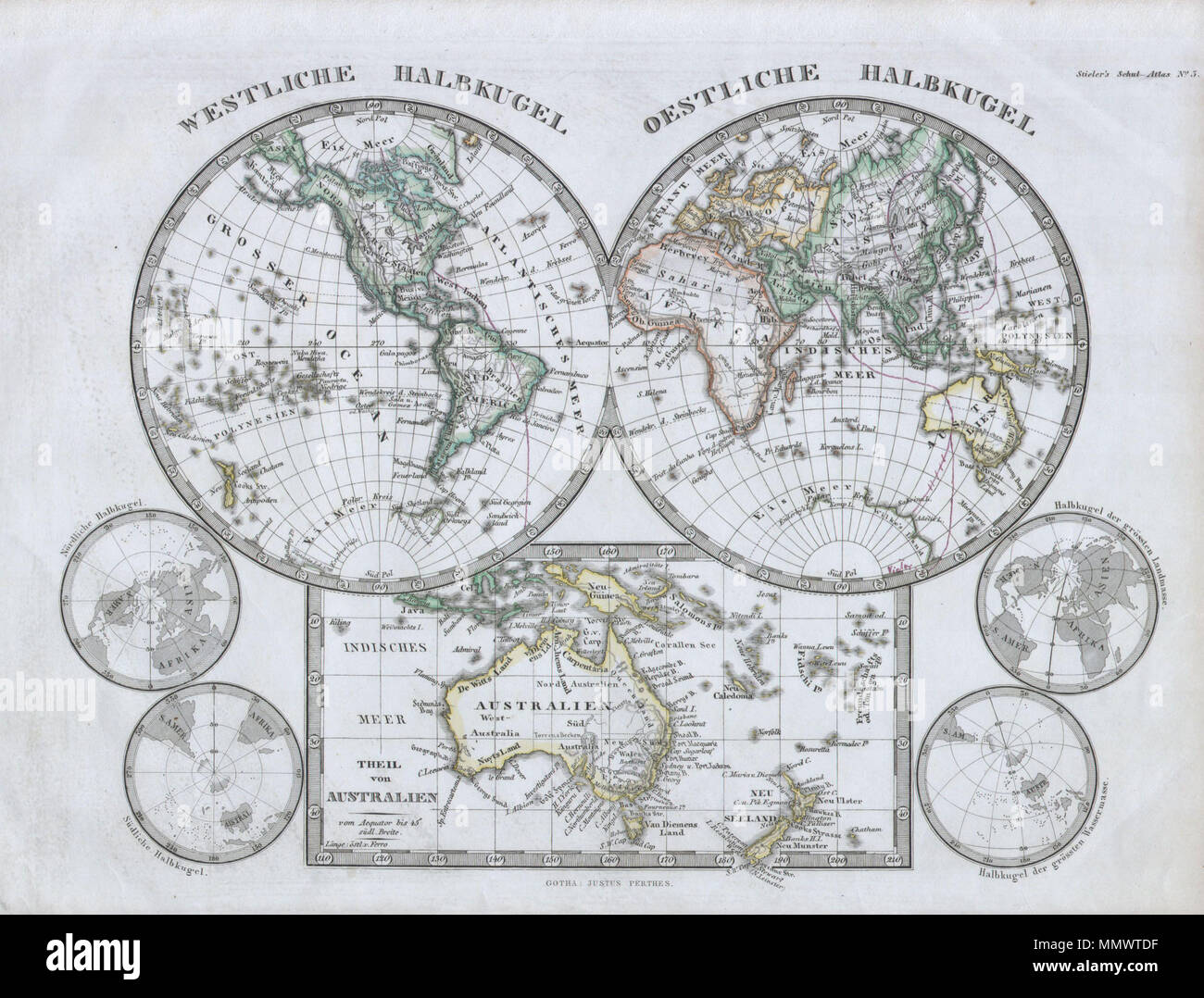. Inglese: Questo affascinante 1862 mappa da Justus Perthes e Stieler raffigura il mondo in due emisferi con una speciale area dedicata per Australia e Nuova Zelanda. Per piccoli mappe rappresentano il nord e il sud le regioni polari. A differenza di altri editori cartografica del periodo il Justus Perthes ferma e non ha la transizione verso la stampa litografica tecniche. Invece tutti i suoi mappe sono la piastra di rame di incisioni e quindi di offrire un livello di carattere e profondità di dettaglio che era impossibile trovare nella litografia di cera o di processo di incisione. Rilasciato nel 1862 edizione di Stieler Schul-Atlas del. Westliche Foto Stock