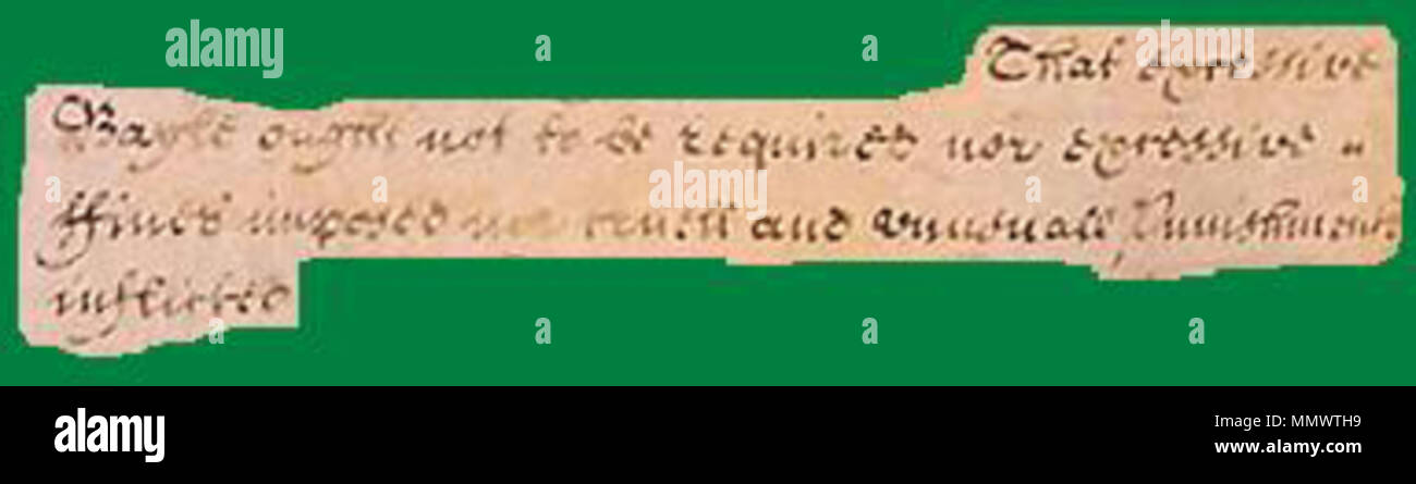 . Inglese: questa è una scansione o una foto di una parte della lingua inglese Bill dei diritti nel 1689. . Dicembre 1689. Il parlamento del Regno Unito. Frammento di crudele green Foto Stock . Inglese: questa è una scansione o una foto di una parte della lingua inglese Bill dei diritti nel 1689. . Dicembre 1689. Il parlamento del Regno Unito. Frammento di crudele green Foto Stock