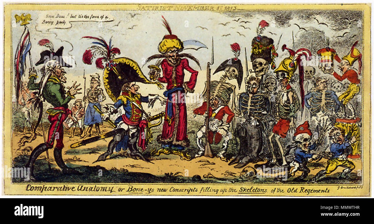 . Napoleone bei Zwangsrekrutierungen: Die neuen Soldaten müssen in die Skelette ihrer Vorgänger gefallenen klettern und werden selber zu Gebein. 'Skeleton' in der Bildunterschrift ist ein Wortspiel; es bedeutet sowohl 'Stammtruppe' als auch 'Skelett' Cruikshank - Anatomia comparata Foto Stock