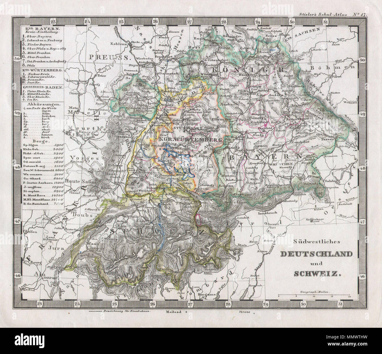 . Inglese: Questo affascinante 1862 mappa da Justus Perthes e Stieler rappresenta la Svizzera e gli stati del sud-ovest della Germania. A differenza di altri editori cartografica del periodo il Justus Perthes ferma e non ha la transizione verso la stampa litografica tecniche fino a quando i primi 1870s. Invece tutti i suoi mappe sono la piastra di rame di incisioni e quindi di offrire un livello di carattere e profondità di dettaglio che era impossibile trovare nella litografia di cera o di processo di incisione. Tutto il testo in tedesco. Rilasciato nel 1862 edizione di Stieler Schul-Atlas del. Sudwestliches Deutschland und Schweiz.. 1862. 1862 Stieler mappa o Foto Stock