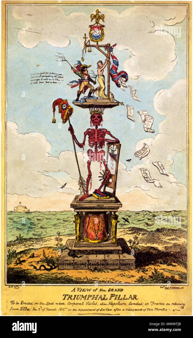 . Wohl nach der Vorlage von James Gillrays 'Designe per il pilastro navale' entstandenes Blatt, das ein drastisches Bild des Schreckens nach Napoleone erfolgreicher Rückkehr aus der Verbannung auf der Insel Elba malto. Auf der oberste Plattform der Triumphsäule peitscht Napoleone eine halbnackte 'Marianne' aus, die un einen Galgen gefesselt ist. Cruikshank - Una vista del Gran Pilastro trionfale Foto Stock