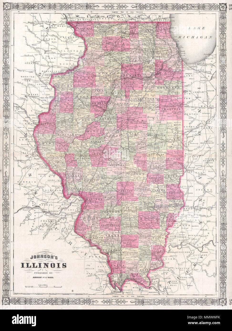 . Inglese: questo è Johnson e Ward's 1864 mappa di Illinois. Questa mappa mostra le città, elementi topografici, ferrovie traghetti e strade con codifica a colori a livello di contea. Johnson ha introdotto questa grande mappa folio nel 1864 edizione del suo atlas, sostituendo la singola pagina Illinois mappa che egli ha ereditato da Colton. La mappa di espanso è stato necessario per tenere conto per il braccio in Illinois e' una popolazione che si è verificata nel decennio precedente. Le caratteristiche di stile da traforo confine comune a Johnson atlas opera dal 1863 al 1869. La piastra di acciaio incisione preparato da A. J. Johnson per la pubblicazione come piastre n. 5 Foto Stock . Inglese: questo è Johnson e Ward's 1864 mappa di Illinois. Questa mappa mostra le città, elementi topografici, ferrovie traghetti e strade con codifica a colori a livello di contea. Johnson ha introdotto questa grande mappa folio nel 1864 edizione del suo atlas, sostituendo la singola pagina Illinois mappa che egli ha ereditato da Colton. La mappa di espanso è stato necessario per tenere conto per il braccio in Illinois e' una popolazione che si è verificata nel decennio precedente. Le caratteristiche di stile da traforo confine comune a Johnson atlas opera dal 1863 al 1869. La piastra di acciaio incisione preparato da A. J. Johnson per la pubblicazione come piastre n. 5 Foto Stock