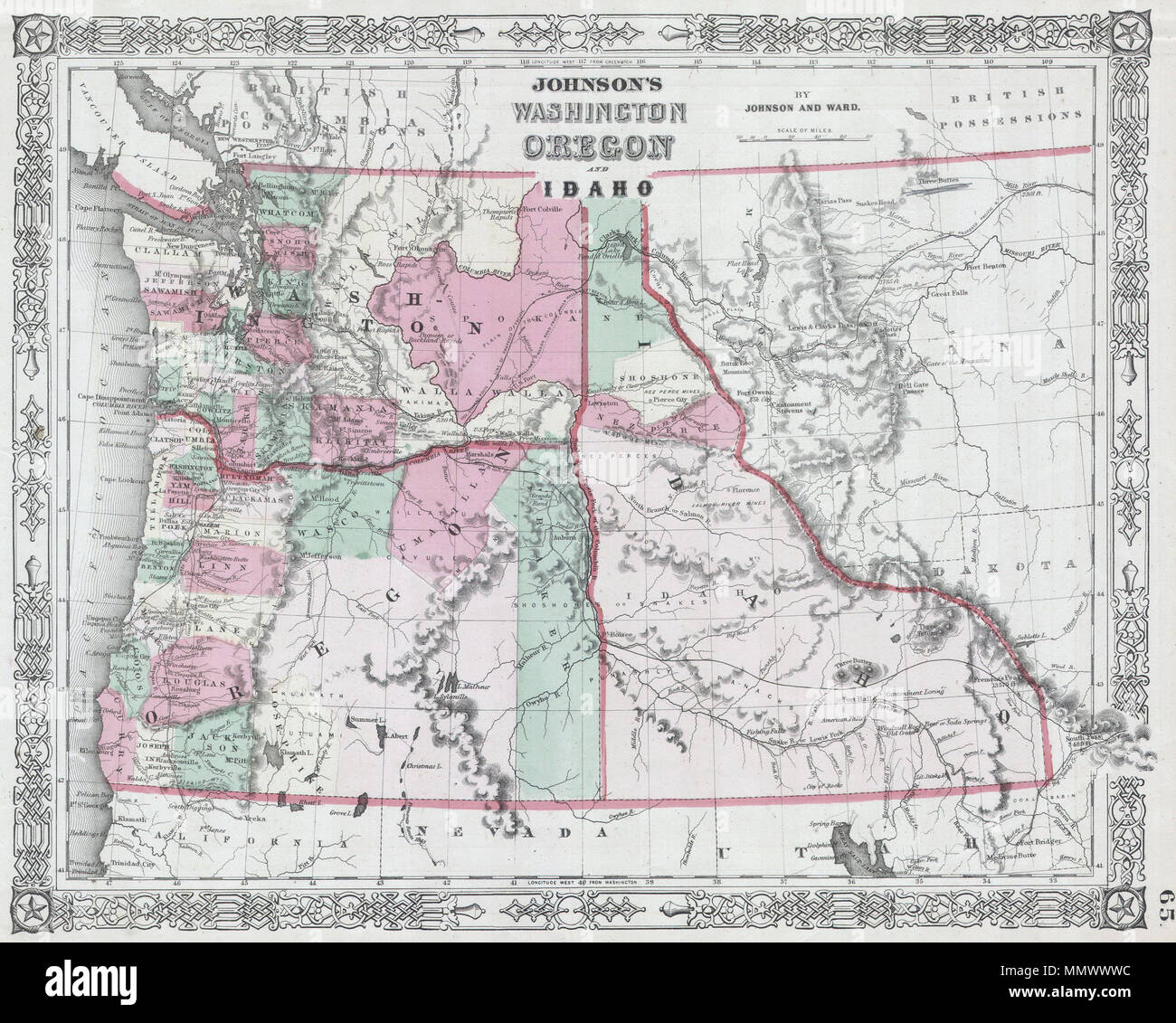 . Inglese: questo è un magnifico 1864 colorate a mano la mappa mostra stato di Washington, Oregon e Idaho. Si tratta di una rara variante alla stessa 1864 Johnson mappa del problema in precedenza nel 1864, dovuta al definito Idaho-Montana confine. Questo suggerisce che questa mappa è stata rilasciata in ritardo nel 1864 a seguito della formazione del Montana. Johnson Washington Oregon e Idaho.. 1864. 1864 Johnson Mappa di Washington, Oregon e Idaho - Geographicus - WAOR2-J-64 Foto Stock