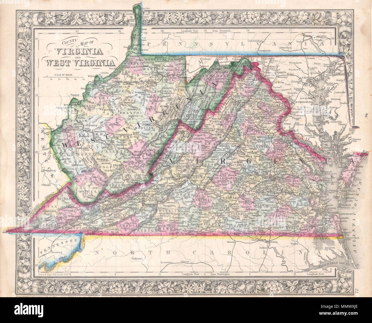 . Inglese: un bellissimo esempio di S. A. Mitchell JR's 1864 mappa della Virginia, West Virginia e Maryland. Questa mappa è stata versione riveduta di Mitchells 1860 mappa della stessa regione per ospitare per la separazione della Virginia e West Virginia nel 1862. Include la piena Chesapeake Bay da Cape Henry alla bocca del fiume Susquehanna. Curiosamente Harper's Ferry è mappato in Virginia piuttosto che West Virginia. Poco dopo la fine della guerra civile, harpers Ferry, insieme con tutti i sia di Berkeley e contee di Jefferson, è stato separato dalla Virginia e incorporati in West Virginia. La abitano Foto Stock