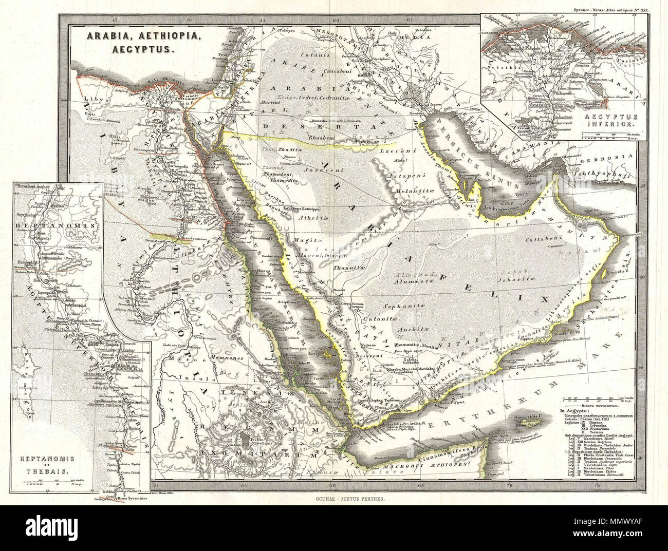 . Inglese: Una particolarmente interessante la mappa storica, questo è Karl von Spruner's 1865 rendering di Arabia, Aethiopia (Etiopia) e l'egitto (Aegyptus) in antichità. Centrata sul Mar Rosso o Mare Rubrum , Questa cartina copre la totalità della penisola araba, il Golfo Persico e la Valle del Nilo a sud fino al Lago Tana (Pseuba), la sorgente del Nilo Azzurro. Come la maggior parte di Spruner di lavoro questa mappa sovrapposizioni politico antiche aree geografiche su relativamente contemporanea geografie fisiche e quindi identificare i siti di dimenticare le città e i villaggi, i movimenti di eserciti, e la disposizione delle terre Foto Stock