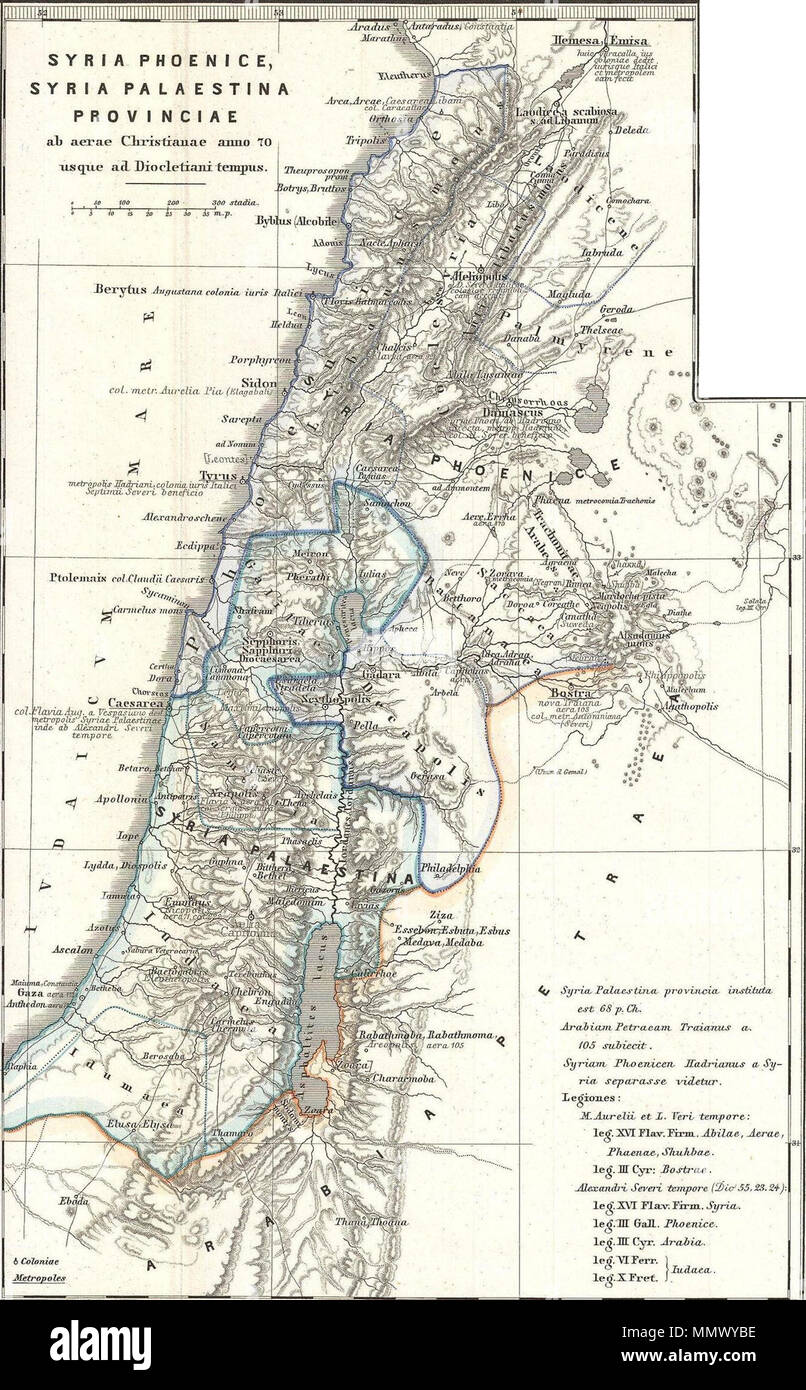 . Inglese: si tratta di Karl von Spruner's 1865 mappa della Terra Santa, o Israele e Palestina. Essenzialmente nove mappe in uno, Spruner dispone di due mappe dominante e 7 piccoli riquadri tra cui una tavola di Peutinger in basso a destra del quadrante. La mappa di Peutinger è una struttura incredibilmente importante scoperta ed è oggi l'unico esempio noto di un mondo romano mappa, se l'originale Peutinger era essa stessa una copia medievale del romano originale. Questa mappa mostra anche, in counter-clock sapiente ordine dalla tavola di Peutinger, Galilaea, Hierosolyma, Giudea, Palestina al tempo di Erode, Siria, Arabia e Phoeniciae, Pa Foto Stock