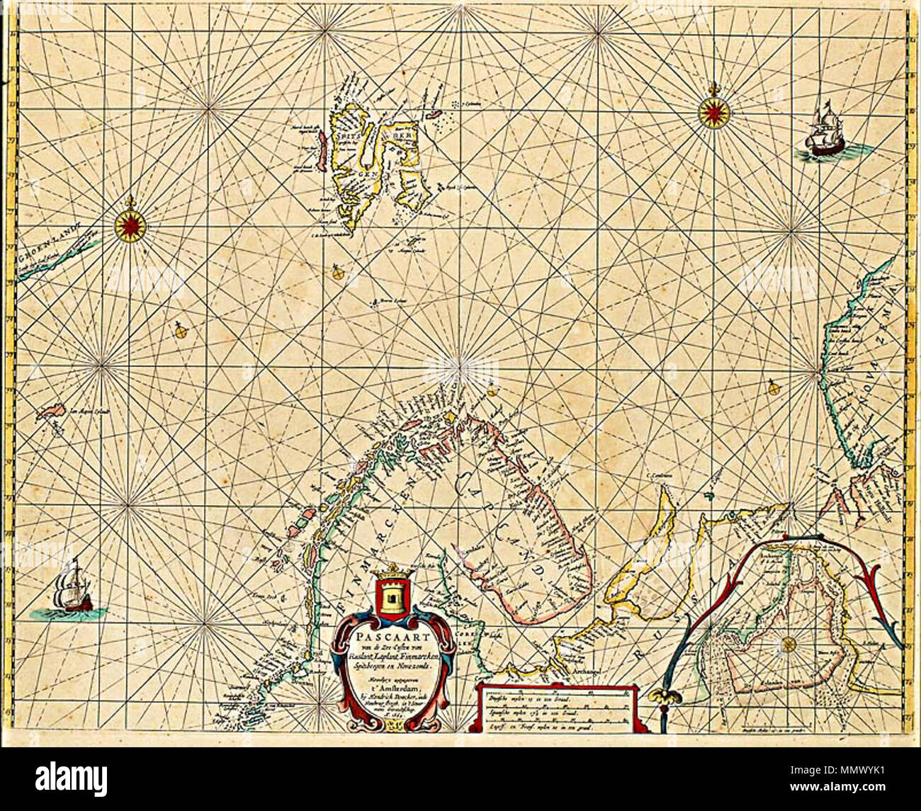 . Inglese: vecchia mappa di Norvegia compresi Svalbard . 1666. Hendrick Doncker De Custen van Noorwegen, Finmarcken, Laplandt, Spitsbergen, Ian Mayen Eylandt, Yslandt, als mede Hitlandt, en een gedeelte van Schotlandt Foto Stock