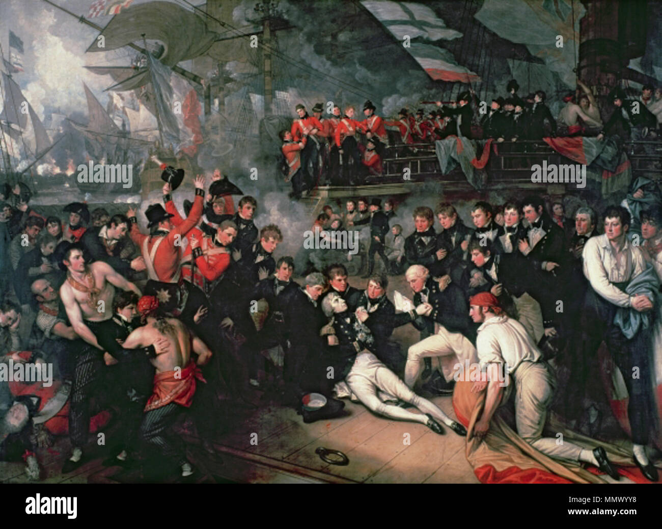 . La verniciatura della morte di Lord Nelson sul ponte della Vittoria durante la Battaglia di Trafalgar. La morte di Nelson. 1806. La morte di Nelson Foto Stock