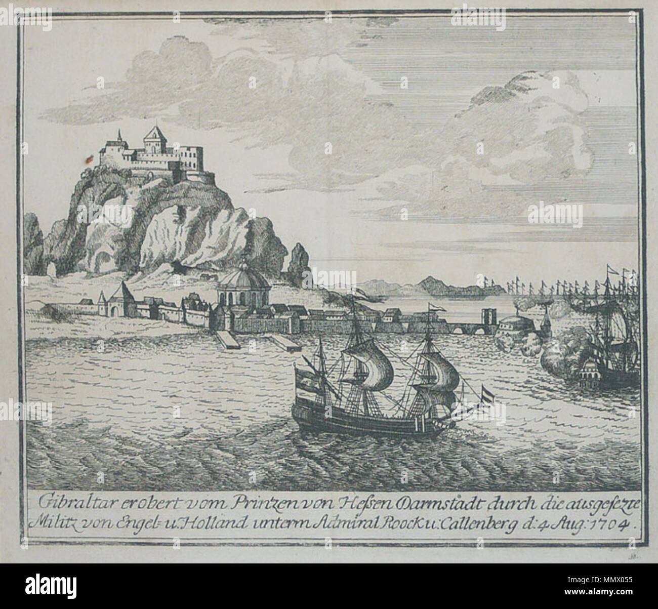 . Inglese: incisione su rame, incolore come pubblicato. Scene decorativi della guerra di successione spagnola 1701-14. Gibilterra erobert vom Prinzen von Hessen Darmstadt durch die ausgesezte Militz von Engel = u. Holland unterm Admiral Roock u: Callenberg d: 4. Agosto: 1704. . 1714. Sconosciuto scene decorativi della Guerra di Successione Spagnola - Gibraltar, 1704 Foto Stock
