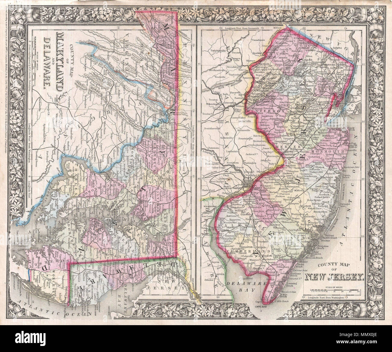. Inglese: un bellissimo esempio di S. A. Mitchell JR's 1866 Mappa del New Jersey, Maryland, Delaware e. Con codice colore a livello di contea. Caratteristiche il confine floreali tipiche di Mitchell mappe dal periodo 1860-66. Preparato da S. A. Mitchell JR per inclusione come piastra 24 1/2 nel 1866 il problema di Mitchell è di nuovo atlante generale . Datata e di copyright, "Iscritto secondo atto del Congresso nell'anno 1865 da S. Augusto Mitchell JR in la cancelleria dell'ufficio del tribunale distrettuale degli Stati Uniti per il Distretto orientale della Pennsylvania. Mappa della contea del New Jersey. Mappa della contea del Maryland e Delaware.. 1865 Foto Stock