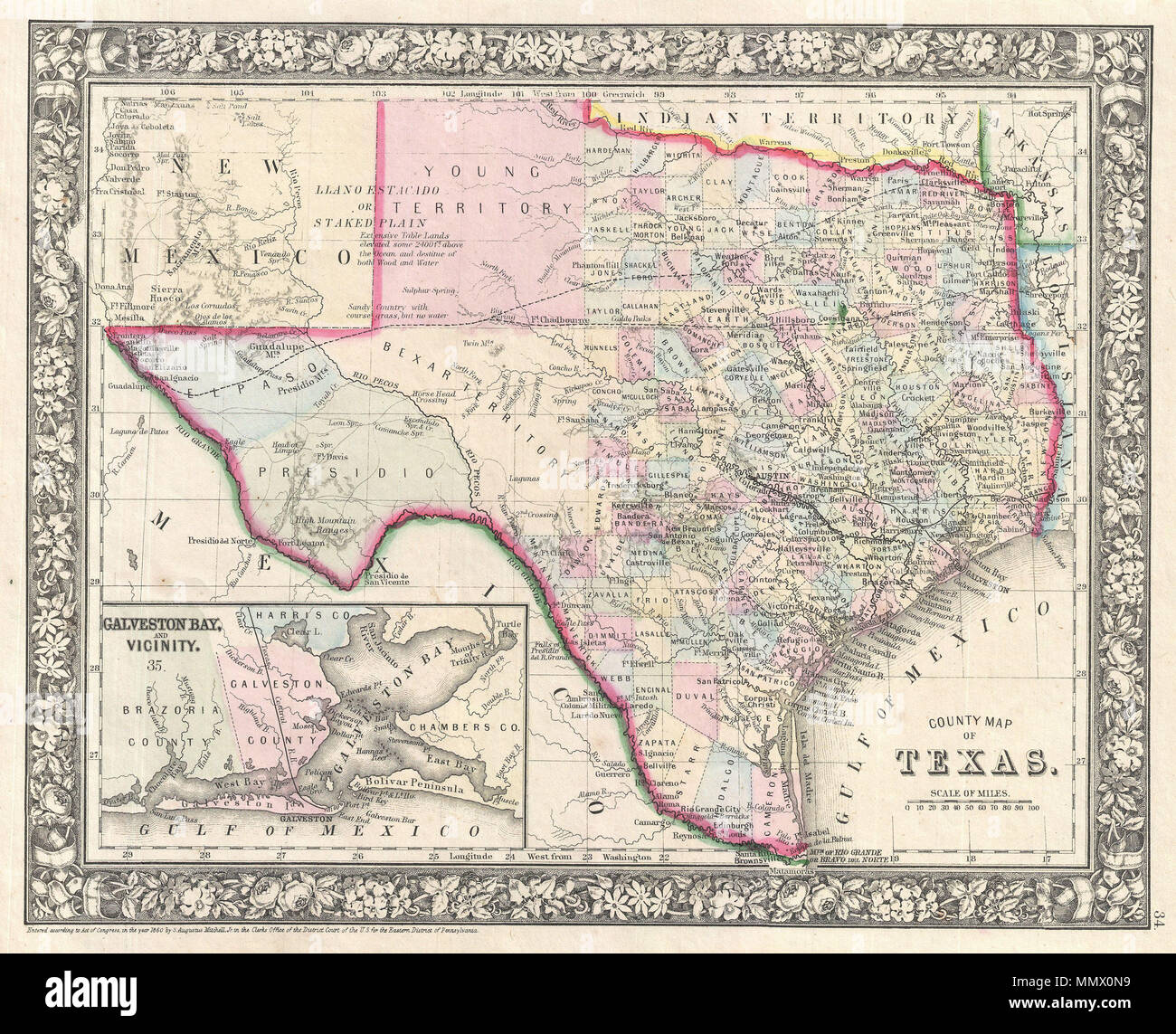 . Inglese: un bellissimo esempio di S. A. Mitchell Junior's 1864 Mappa del Texas e parte del Nuovo Messico. Altamente dettagliato con le notazioni sulle ferrovie, elementi topografici, molle e città. Con codice colore a livello di contea, con Bexar, giovani, Presidio, e El Paso mostrante configurazioni primitivo. Inferiore sinistro funzioni quadrante di una finestra Mappa di Galveston Bay e dintorni. Uno dei più interessanti atlas mappe di Texas a comparire nella metà del XIX secolo. Circondato da attraenti bordo floreale comuni a Mitchell atlanti tra il 1860 e il 1866. Preparato da S. A. Mitchell JR per l'inclusione di un Foto Stock