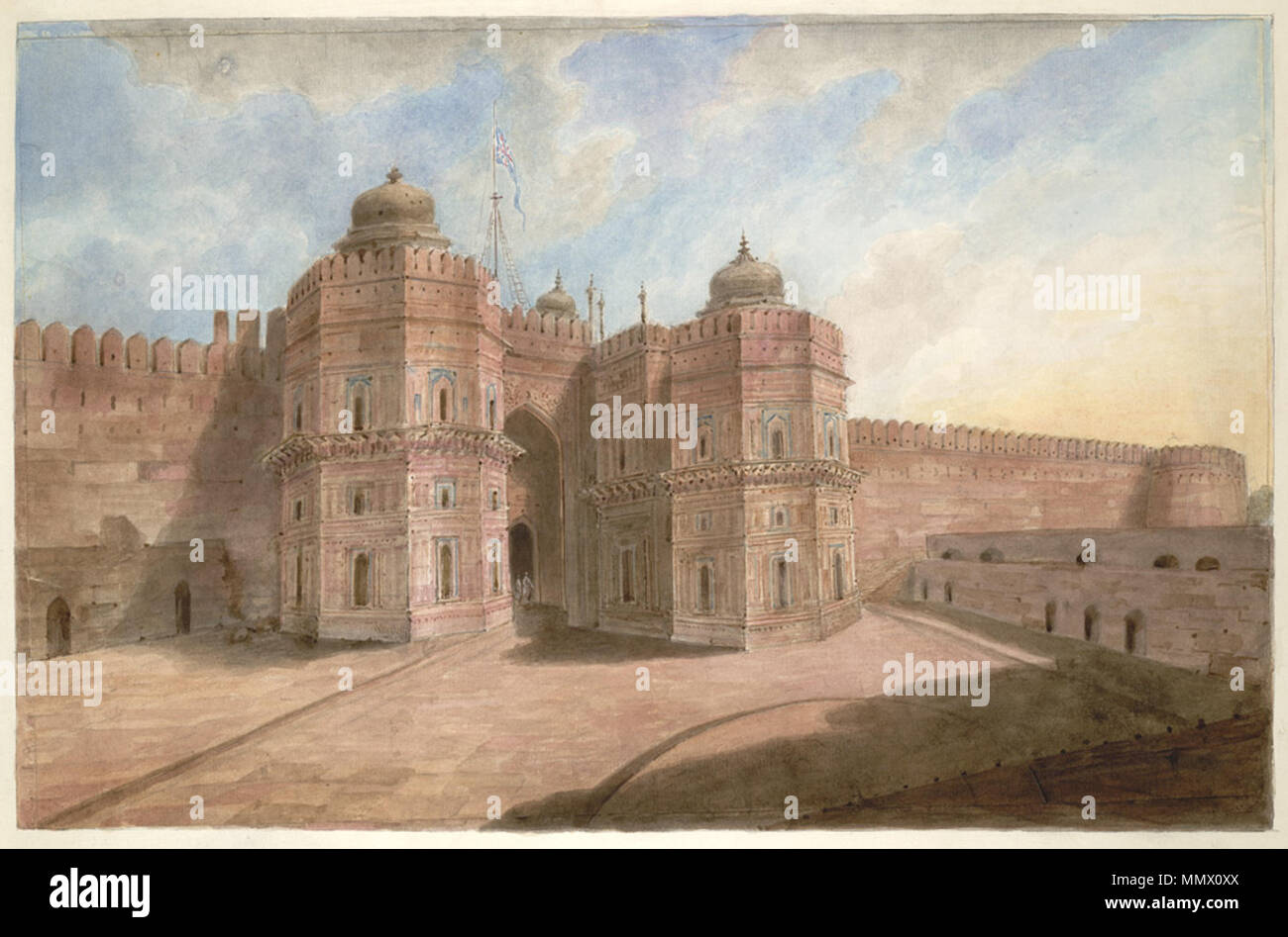 . Inglese: il cancello di Delhi a fort di Agra dall'interno del Barbican, con la bandiera dell'Unione battenti; da Seeta Ram, 1814-15 . tra 1814 e 1815. Ram Seeta Delhi gate 6 Foto Stock