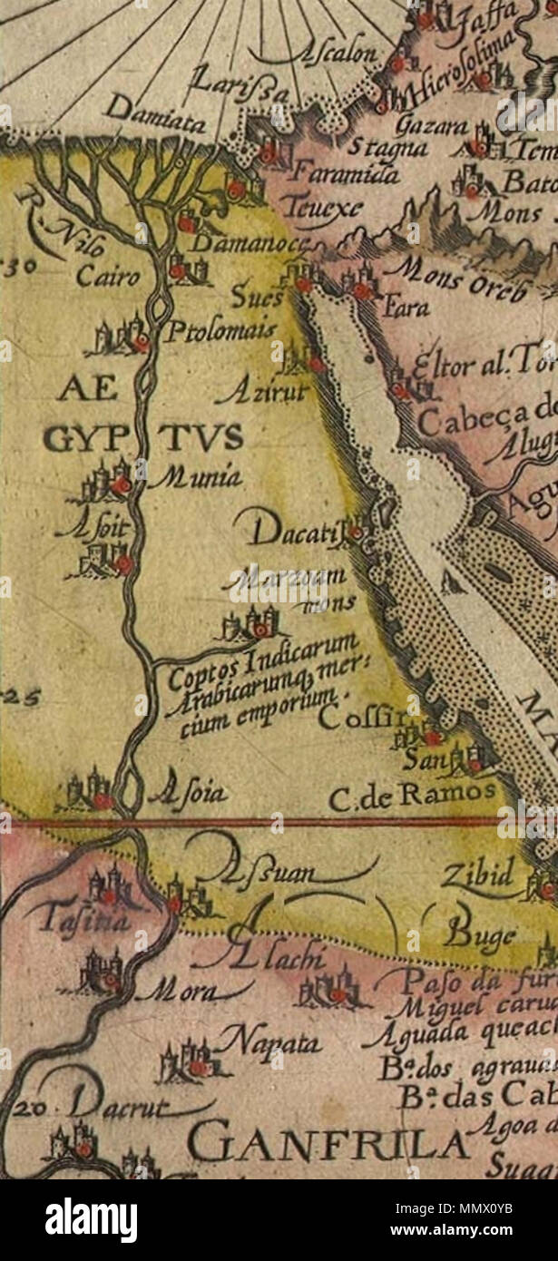 . Pl. 45 (mappa: E. 76); dimensioni: 38,5 x 53 cm. La mappa regionale di Linschoten dal sud-ovest e Sud Asia, Amsterdam, 1596. Dalla British Library: Mappe 46900 (15.) & (16.) . 1596. Langren Henricus Deliniantur in hac tabula.C Foto Stock