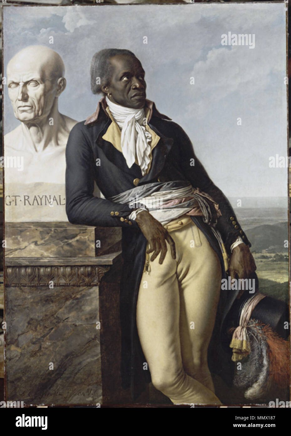 . Français : Jean-Baptiste Belley (1747-1805), représentant de Saint Domingue en 1797, Membre de la Convention et député aux Cinq-Cents. Ce portrait est la première représentation d'onu homme noir dans la posizione d'onu législateur Occidental. Jean-Baptiste Belley s'appuie sur le piédestal du buste en marbre de l'abbé Guillaume Thomas François Raynal, sculpté par Espercieux. A droite, derrière Belley onu paysage de Montagnes du nord de San-domingue près du Cap-Français. Su distingue la fumée blanchâtre d'une raffinerie sucrière ainsi que la mer à l'orizzonte. Q29901380. 1797. Depute-jean-baptis Foto Stock