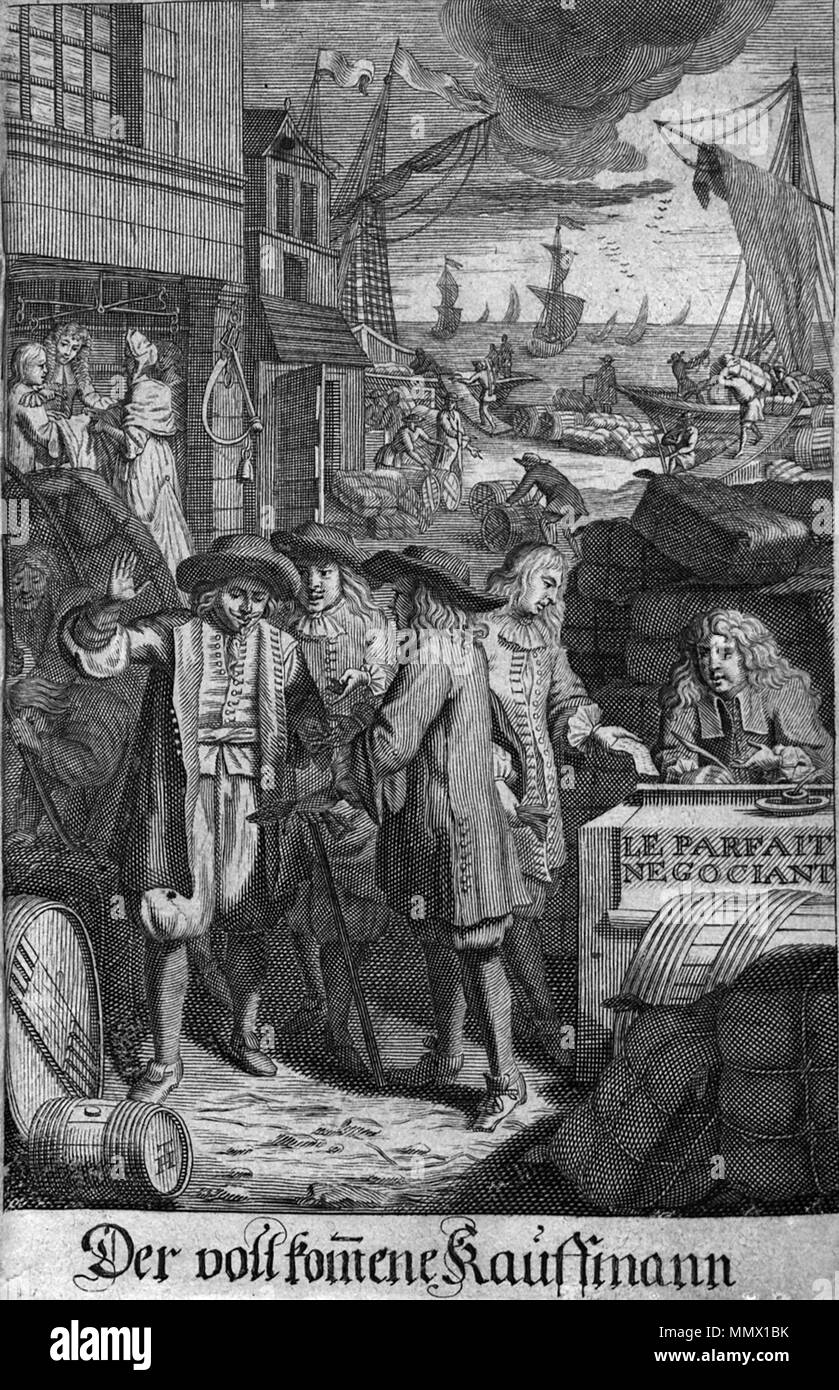 . Stich aus: Jacques Savary: Le parfait Negociant ov Instrvction generale Pour ce qui regarde le Commerce de toute sorte de marchandises, tant de France, que des Pays Estrangers... Der vollkommene Kauff- u. Handels-Mann, Oder Allgemeiner Vnterricht Alles, era zum Gewerb u. Handlung allerhand beydes Frantzösischer als Außländischer Kauffwahren gehört Genf Widerhold, 1676. . 1676. Anonimo Der vollkommene Kaufmann Foto Stock