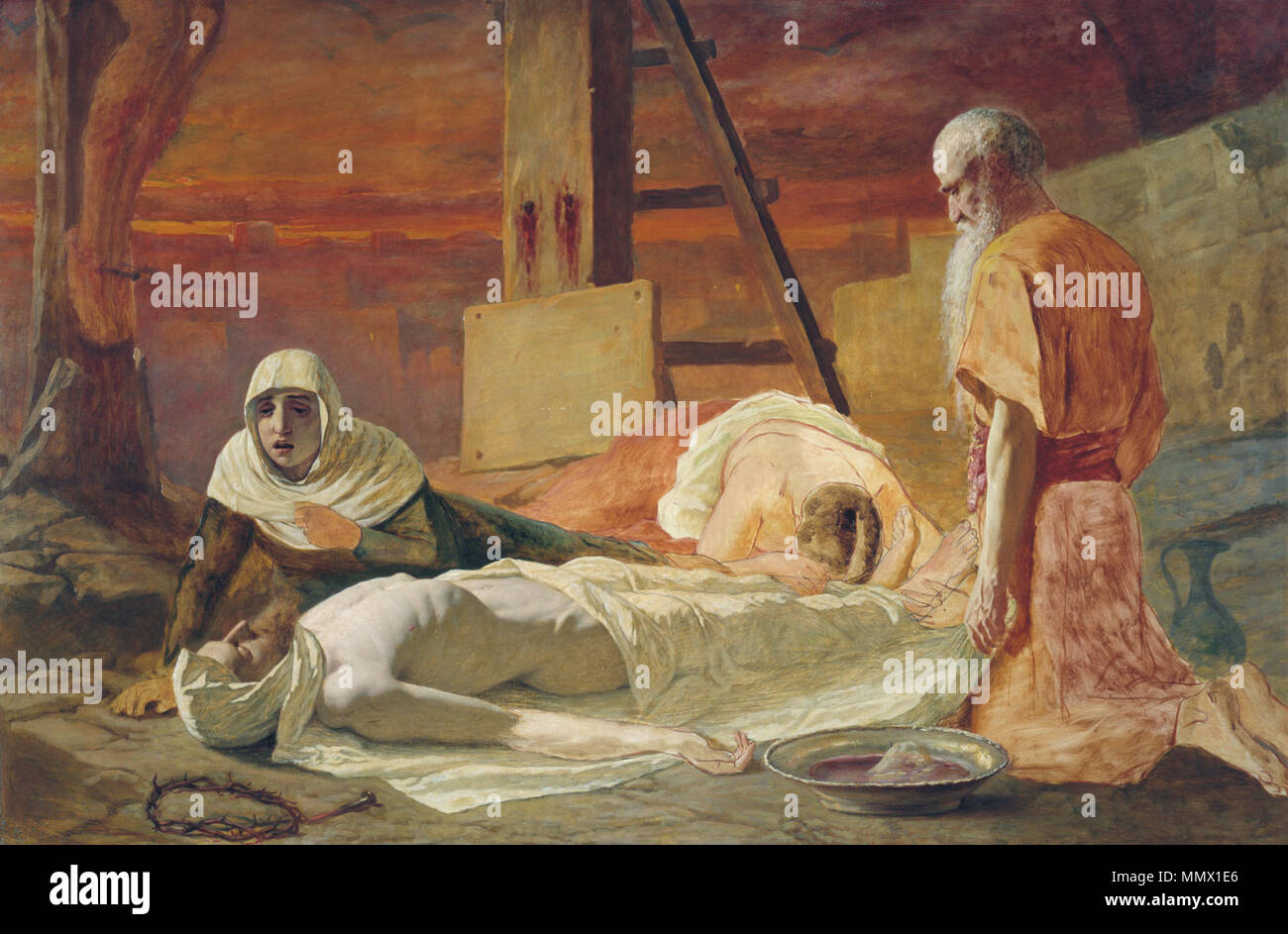 . Русский: Снятие с deposizione креста : Maria, Maria di Magdala e Giuseppe di Arimatea sono state preparando il corpo di Cristo per tumulazione. Cristo poggia a terra il suo corpo livido una scioccante contrasto con il sangue-red sky in background, la corona di spine e il chiodo da i suoi piedi che giace accanto a lui. Un lutto Maria appare come se a malapena poteva sedersi. Maria di Magdala non fa fatica a salire e sta tenendo i piedi e seppellire il suo volto nel dolore. Joseph ha raddrizzato dopo la pulizia del corpo e la sua bacchetta di caricamento dritto indietro parallels croci pur offrendo un contrasto con il bowe Foto Stock