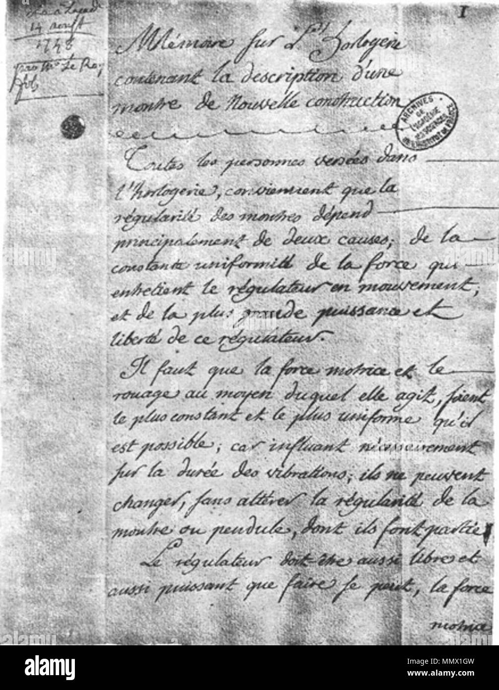 . Inglese: Descrizione del Le Roy di trattenimento del meccanismo dello scappamento 14 agosto 1748 . Il 14 agosto 1748. Academie des Sciences, Francia 14 agosto 1748 Descrizione del Le Roy di trattenimento del meccanismo dello scappamento 14 Agosto 1748 Foto Stock