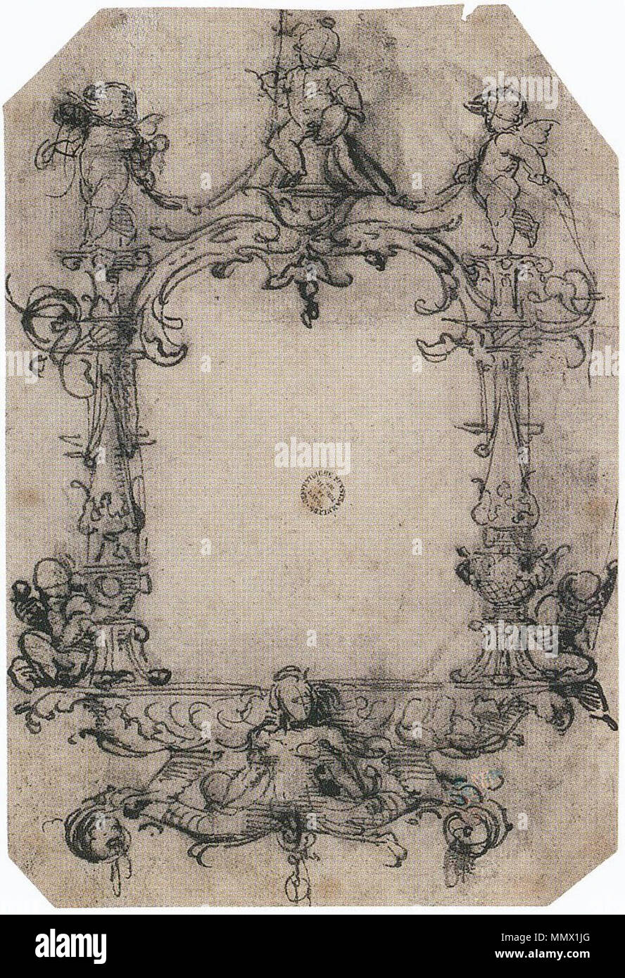 . Inglese: Design per un telaio. Penna e inchiostro nero su gesso su carta, 15,4 × 10,4 cm, il Kunstmuseum di Basilea. Il fluido stile di questo disegno mostra che esso proviene da una fase precoce in Holbein il processo di progettazione. Le croci sulle facce dei cherubini indicano la direzione e accorciamento anteriore. Il telaio può essere stato per un'immagine in miniatura o uno specchio per essere indossato su una catena. La perla tracciata in corrispondenza del fondo rivela la piccola scala dell'elemento, che sarebbe stata fatta da un altamente qualificati (orafo Foister, p. 84). . C. 1533-36. Hans Holbein (1497/1498-1543) nomi alternativi Hans Holbein der Foto Stock