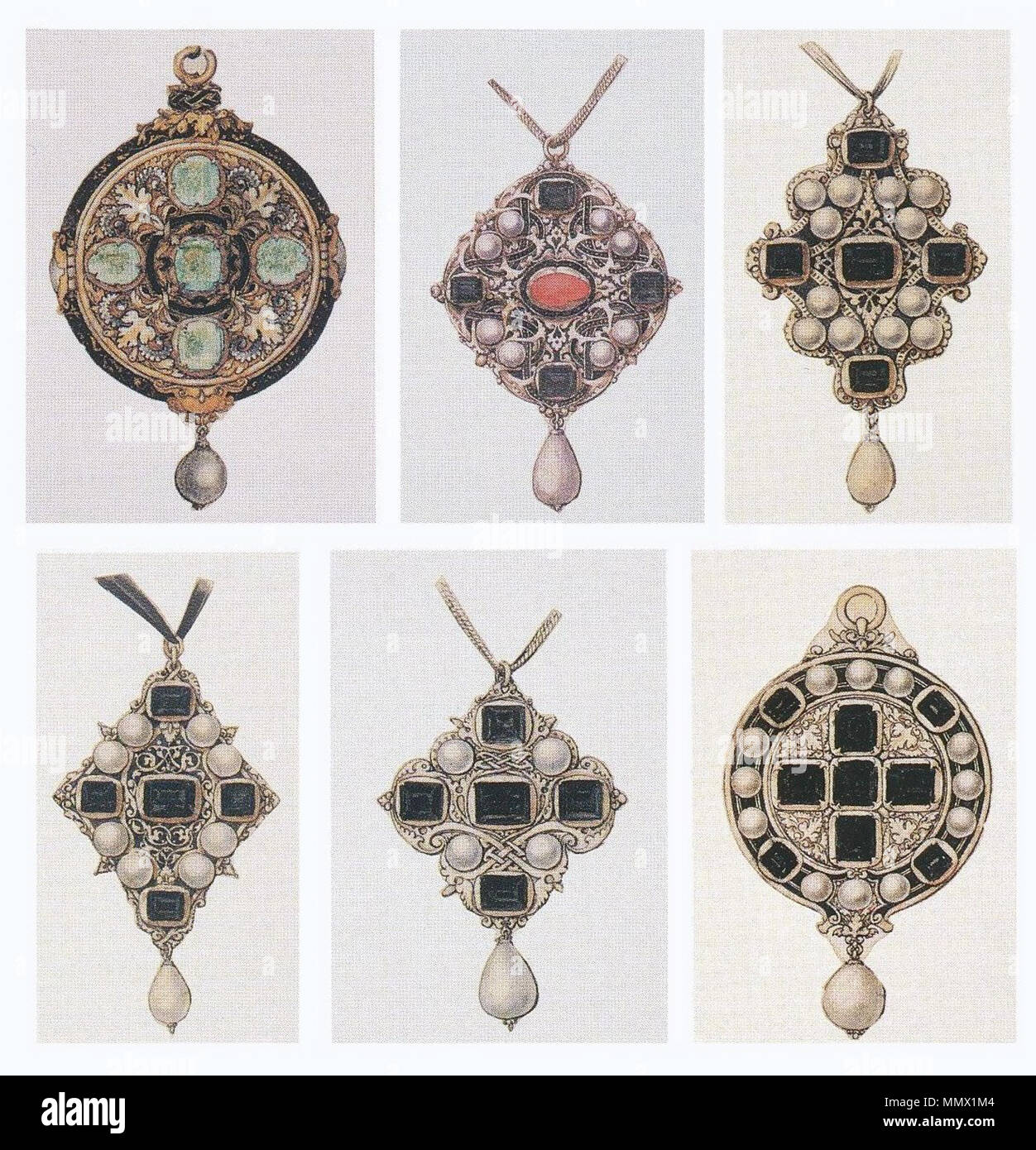 Inglese: Sei modelli per gioielli pendenti; inchiostro e lavaggi su carta,  British Museum di Londra. (Riga superiore) Design per un pendente circolare  gioiello; cinque smeraldi e una perla, 8,6 × 5,5