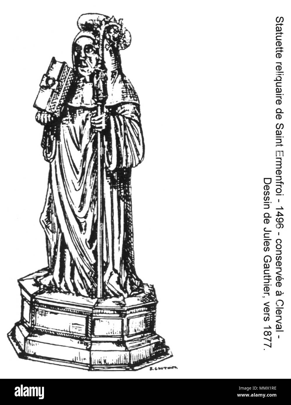 . Français : Dessin réalisé en 1877, par Jules Gauthier (1848-1905), archiviste aux Archives départementales du Doubs. Il représente la statuetta reliquaire de Saint-Ermenfroi, sculptée en 1496, jadis exposée dans la chapelle de Santoche, et aujourd'hui conservée dans l'Église de Clerval (Doubs, Francia). . 1 gennaio 1877. Jules Gauthier (1848-1905), en 1877 Dessin de la statuetta reliquaire de Saint-Ermenfroi de la chapelle de Santoches (1496), par J. Gauthier (1877) Foto Stock