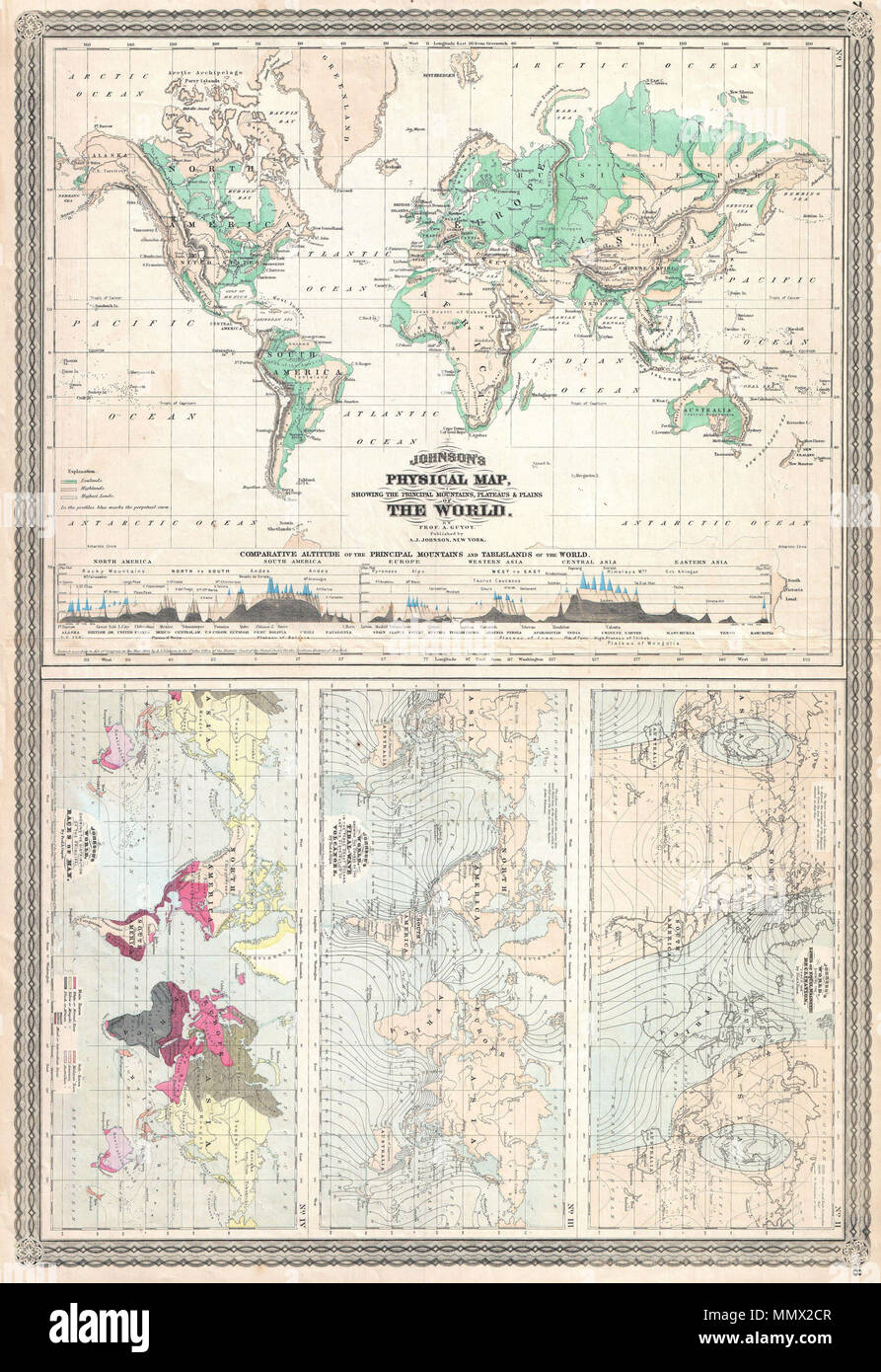 . Inglese: questa è una delle tematiche di mappe del mondo dal raro 1870 edizione di A. J. Johnson del Atlante del mondo . Dispone di quattro mappe disegnate c. 1858 dal professore a Guyot. La più grande mostra la parola fisico e i tentativi di Visualizza elevazione. I tre piccoli grafici rappresentano, da cima a fondo il mondo con linee di uguale declinazione magnetica, il mondo delle maree e vulcani e la "gare dell'uomo". Il tutto è circondato da rari cornice decorativa che appare solo nel 1870 edizione di Johnson Atlas. Tutte le mappe sono datate e protette da copyright "Iscritto secondo atto del Congresso in Sì Foto Stock