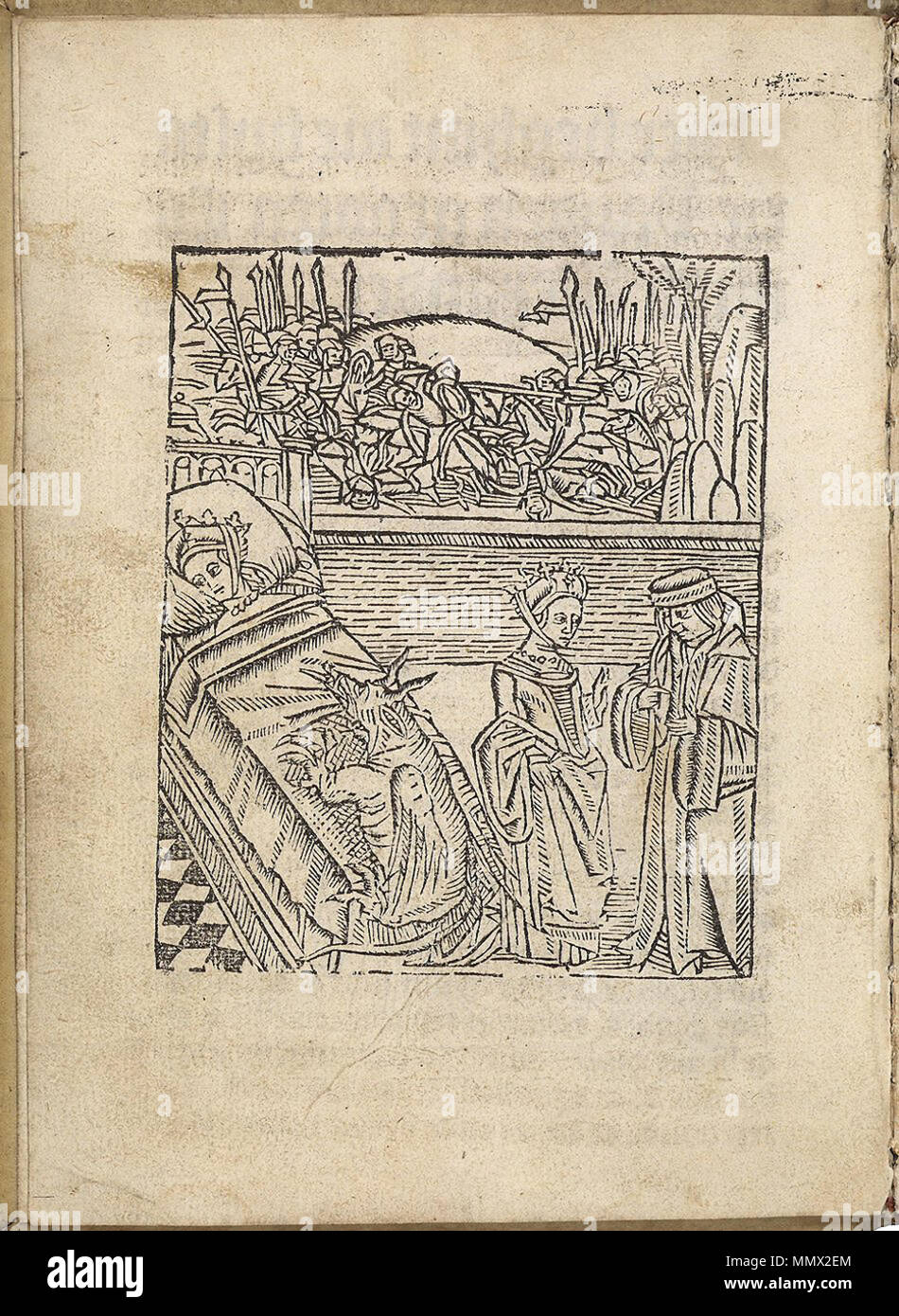 . Inglese: primo non-religioso libro stampato nei Paesi Bassi, in Delft dalla stampante Christiaen Snellaert 1491: Die hystorie vanden grooten Coninck Alexander. Xylographic incunable con 7 stampe di woodblock. Hanno acquistato 14 marzo 2009 bij l'olandese Royal Library. Nederlands: zie artikel . Stampato in Delft, Olanda, 1491. Die hystorie vanden grooten Coninck Alexander Die hystorie vanden grooten Coninck Alexander Delft 1491 04 Foto Stock