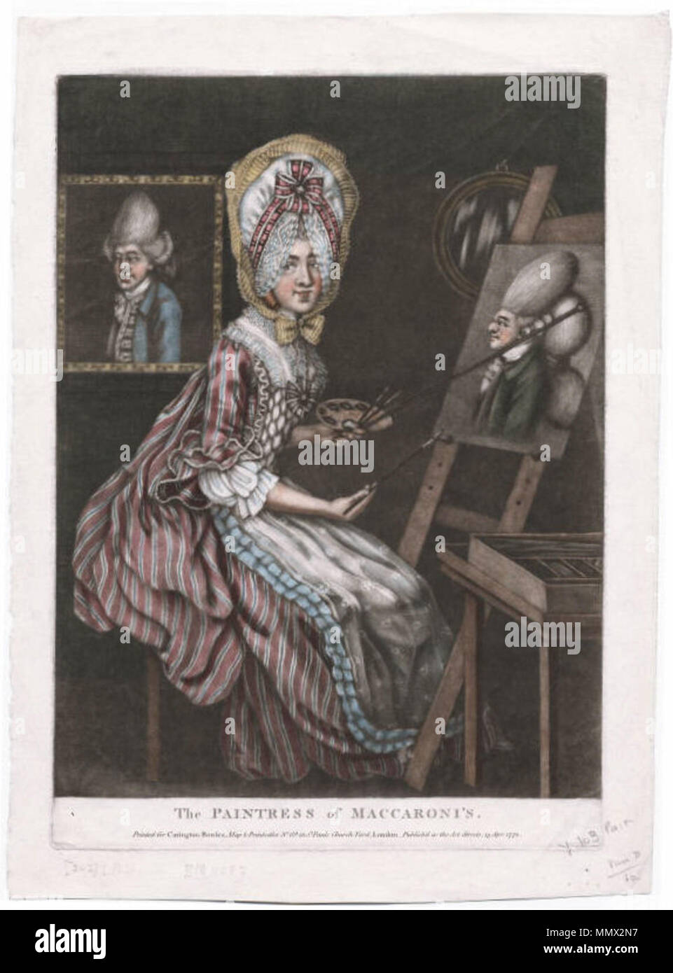 . Credeva di essere una satira del pittore svizzero Angelika Kauffmann (1741-1807), London: stampate per Carington Bowles, 13 aprile 1772. BMCat 4582. La pittrice di maccheroni. 1772. Kaufman Foto Stock