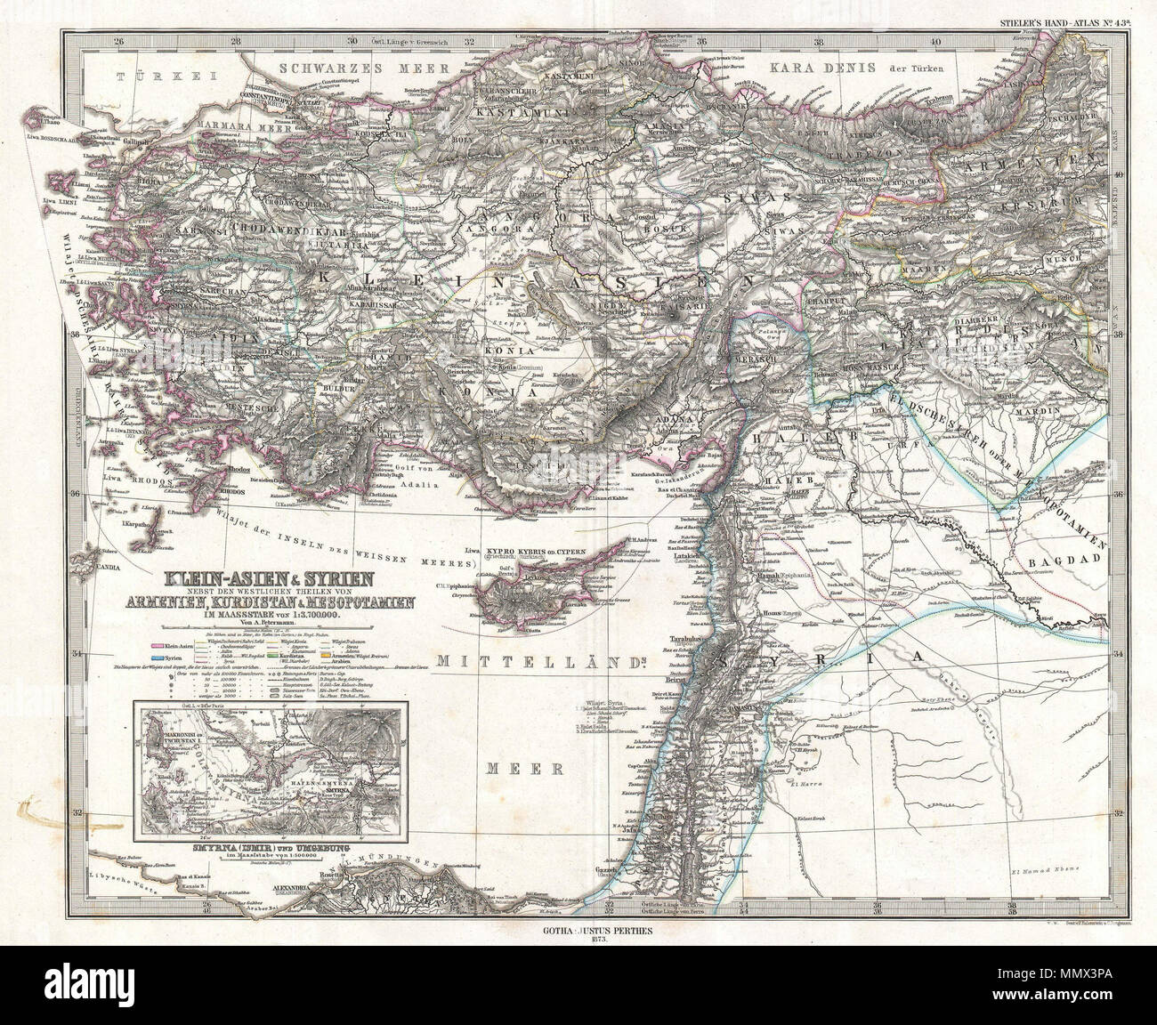 . Inglese: questo è un bellissimo esempio di Stieler's 1873 Mappa del giorno moderno Turchia, Siria, Israele/Palestina e Cipro. Altamente dettagliato con entrambi i politici e i dati fisici. Mostra Città, Montagne, strade e fiumi locali e divisioni. Un riquadro in basso a sinistra del quadrante offre la vicinanza di Smirne (Ismir moderno), incluso profondità di suonare nel Golfo di Smirne e il porto. Stampato ad un alto standard di produzione, come è tipico dei tedeschi e soprattutto Perthes/Stieler mappe di questo periodo. Pubblicato da palazzo Justus Perthes ferma e inciso da F. Eulenstein e C. Jungmann per problema come plat Foto Stock