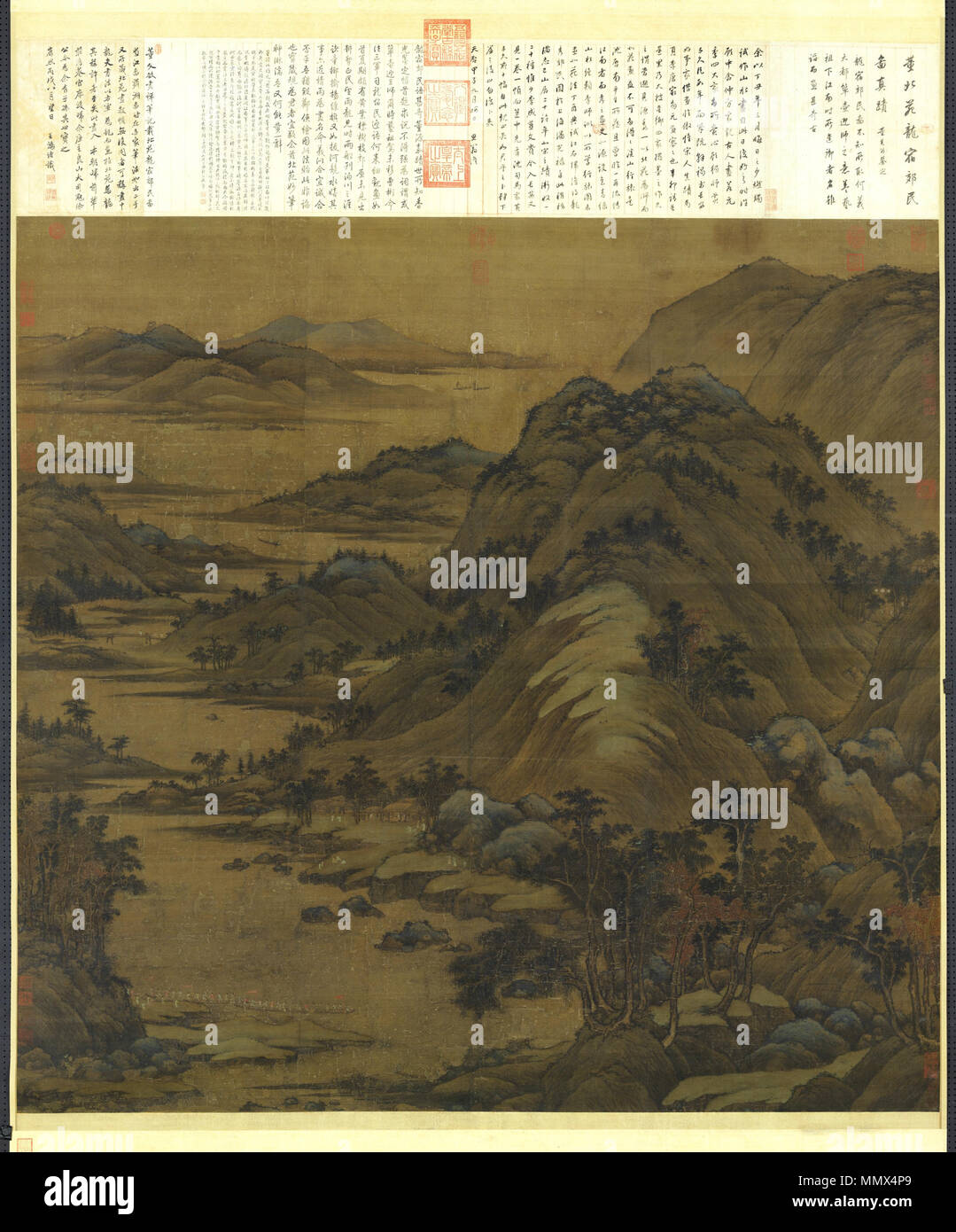 ??: ????? Inglese: residenti nella periferia di Dragon Abode . Decimo secolo. Dong Yuan. Paesaggio fluviale.il National Palace Museum, Pechino Foto Stock