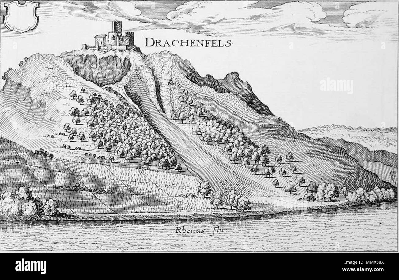 . Inglese: Incisione di Matthäus Merian mostra Drachenfels (Siebenbirge) vicino a Königswinter, Renania settentrionale-Vestfalia Deutsch: Kupferstich von Matthäus Merian zeigt den Drachenfels (mit noch unzerstörter Burg) nahe Königswinter, Renania settentrionale-Vestfalia . Matthäus Merian Drachenfels Stich Foto Stock