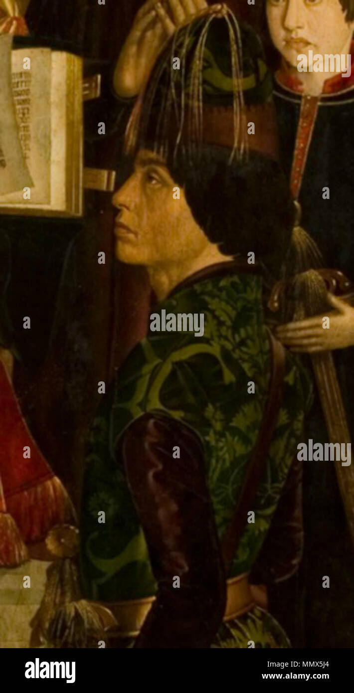 . Inglese: dettaglio del re inginocchiato nel 'Pannello del Principe" (terzo pannello della San Vincenzo pannelli, usualmente datata c.1470, attribuita al pittore Nuno Gonçalves). La figura è più comunemente identificato come Re Afonso V del Portogallo (età 38 nel 1470), l'identificazione attualmente proposto dal Museu Nacional de Arte Antiga (MNAA) a Lisbona, il titolare dei pannelli. Un recente controverso libro (Almeida e Albuquerque, 2000) contesta tale identificazione, date la pittura 1445 e propone invece è un'immagine di suo padre il re Edoardo del Portogallo (D. Duarte) (morto nel 1438 all'età di 47). Duarte Foto Stock