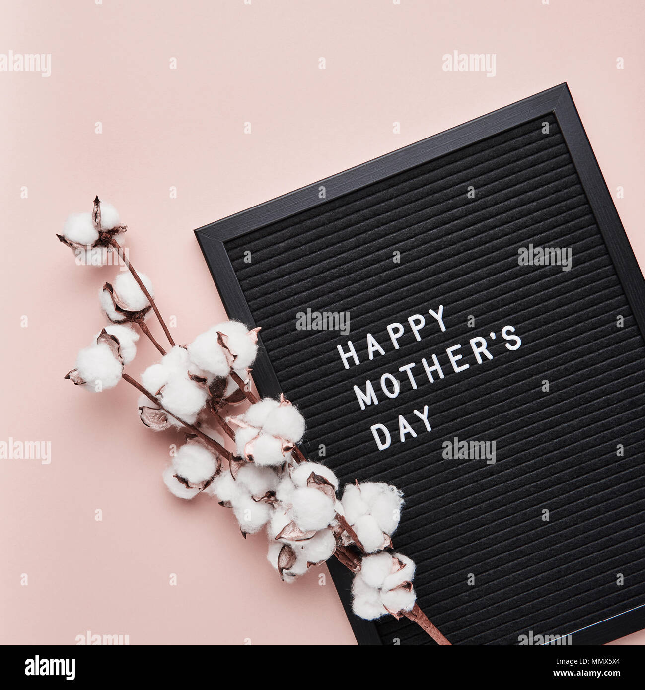 Letterboard nero bianco con lettere in plastica con citazione felice festa della mamma, e cotone su sfondo rosa. Square crop. Foto Stock