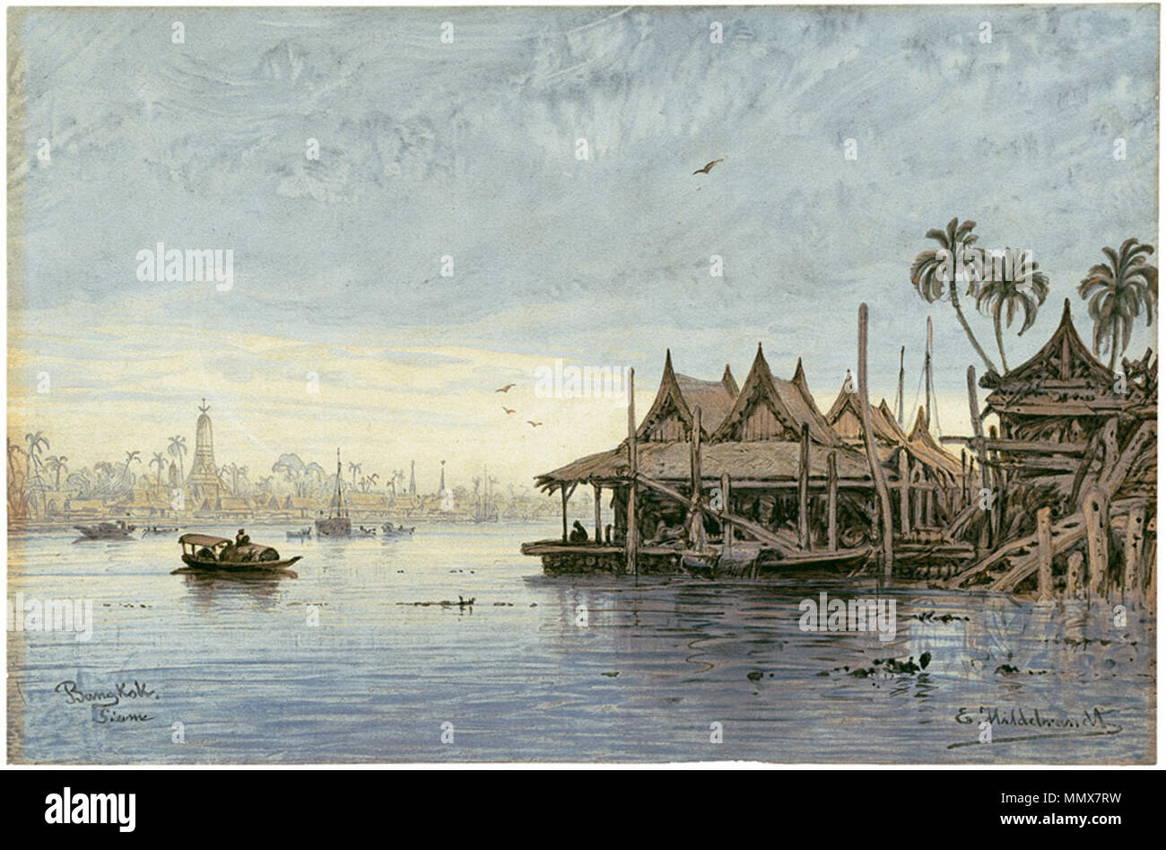 . Blick auf Bangkok. Aquarell über Bleistift auf dünnem Karton. 24,2 x 36,8 cm. Rechts Unten signiert "E. Hildebrandt' und links betitelt "Bangkok / Siam". . Tra il 1862 e il 1864. Eduard Hildebrandt (1818-) Descrizione pittore tedesco e viaggiatore Data di nascita e morte 9 Settembre 1818 5 ottobre 1868 Luogo di nascita e morte di Gda?sk Berlino posizione di lavoro Paesi Bassi (1842 - 1860) Autorità di controllo : Q317639 VIAF:?ISNI 13101788:?0000 0000 8358 2616 ULAN:?500017483 LCCN:?n88219382 WGA:?HILDEBRANDT, Eduard Eduard WorldCat Hildebrandt Blick auf Bangkok Foto Stock