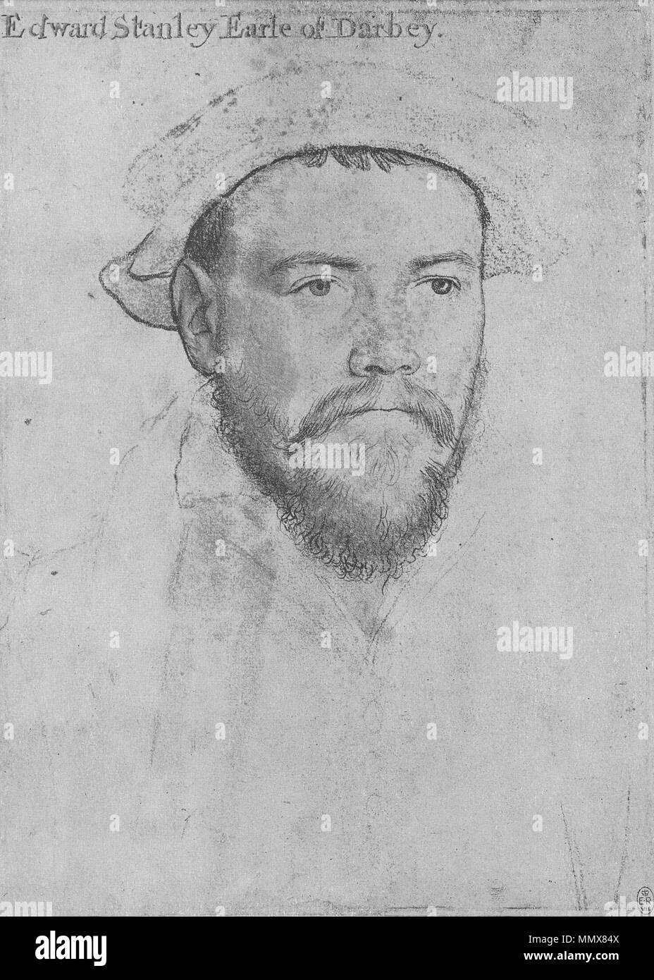 . Inglese: Ritratto di Edward Stanley, Conte di Derby. Nero e rosso chalk, penna e pennello e inchiostro di china su di rosa-primed carta, 28,3 × 19,8 cm, Royal Collection, il Castello di Windsor. Il disegno è in cattive condizioni, sfregato per svenimento in luoghi e macchiati. Chalk nel collare e la penna nel cappello sono state ritoccate a seguito mani ma Holbein bene penwork mostra ancora di fronte (Parker, p. 50). Edward Stanley era coppiere di Anne Boleyn, patrono di Holbein. Egli è stato attivo nella soppressione dei ribelli del nord, 1536-37. . 1532-43. Hans Holbein (1497/1498-1543) Alternativa nam Foto Stock
