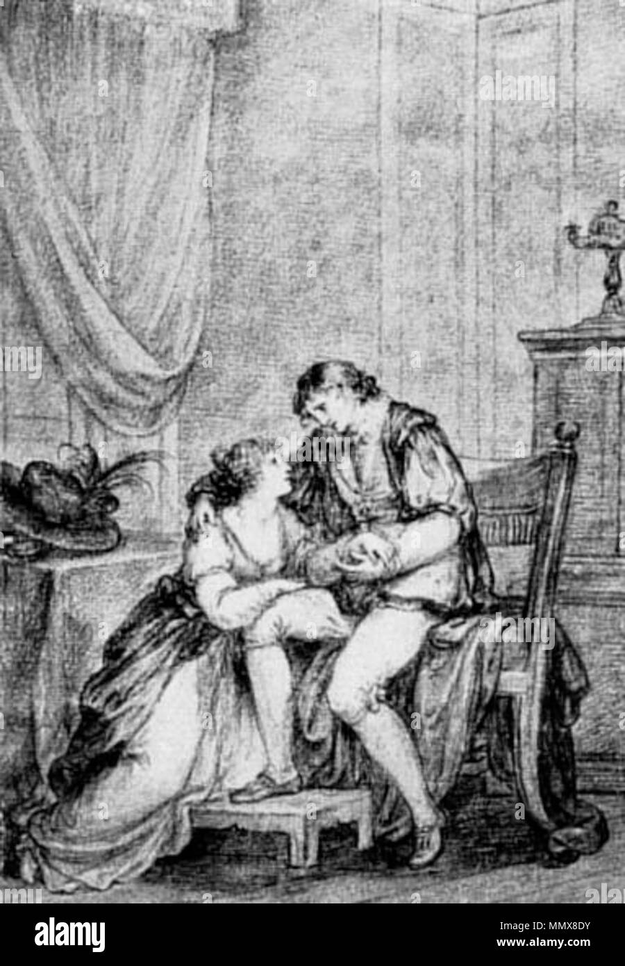 . Deutsch: Egmont und Klärchen Zeichnung von Angelikas Kauffmann für Kupfer in Goethe Schriften Erste Fassung des bekannten Blattes in Goethes Nachlaß, aus früherem Besitz der Luise von Göchhausen. Angelika hat auch für die Göschensche Ausgabe der Werke die folgenden Blätter gezeichnet, die Johann Heinrich labbra gestochen hat. . Dal 1807. Angelica Kauffman (1741-1807) nomi alternativi, Angelika Kauffmann, Maria Anna Katharina Emmerick Angelika Kauffmann, Angelika Kauffmann Katharina Descrizione Swiss-British pittore Data di nascita e morte 30 Ottobre 1741 5 Novembre 1807 Luogo di nascita e morte C Foto Stock