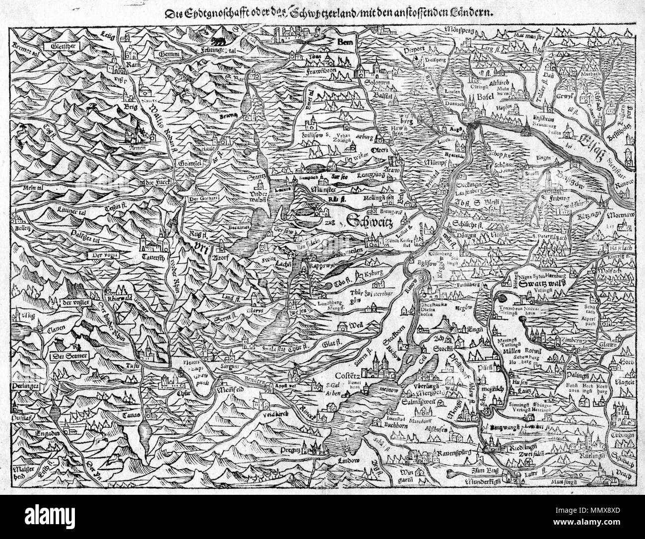 . Deutsch: 'Die Eydtgenoschafft oder das Schwytzerland mit den anstossenden Ländern'. Karte der heutigen Schweiz um 1550. Massstab ca. 1 : 800'000, 34,6 cm x 25,6 cm inglese: vecchia cartina della Svizzera da Sebastian Münster, 1550 . 1550. Sebastian Münster (1488-1552) nomi alternativi M. Sebastian Münster; Sebastian Muenster Descrizione cartografo tedesco e studioso della data di nascita e morte 20 Gennaio 1488 26 Maggio 1552 Luogo di nascita e morte Ingelheim Basilea posizione di lavoro Basilea; Heidelberg competente controllo : Q61073 VIAF:?ISNI 51698921:?0000 0001 2279 8357 ULAN:?500046255 LCCN:?N88079882 Foto Stock