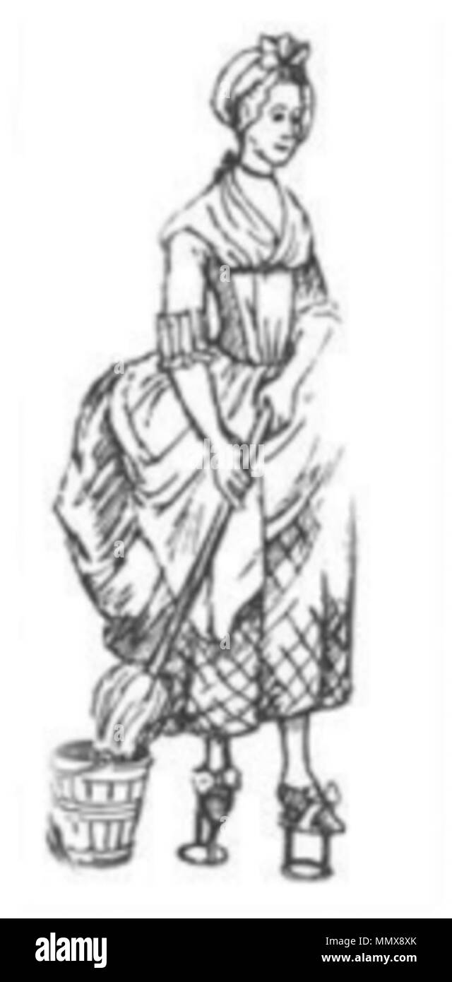 . Maid indossando Pattens da una incisione di 12th. Marzo, 1773, intitolata Pietà in Pattens o Timbertoe in punta di piedi 1773 patten Foto Stock